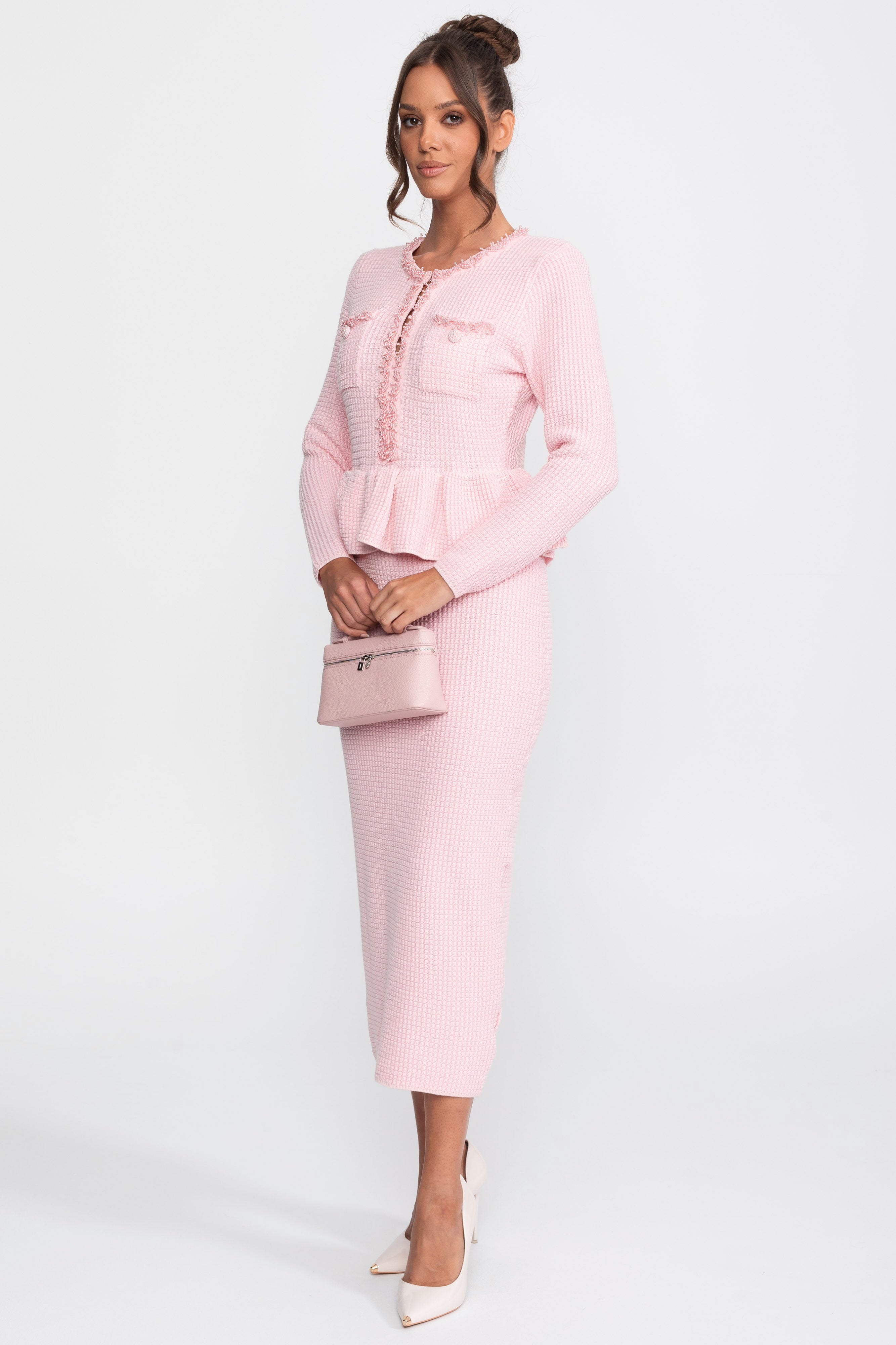 Fringe Trim Knit Peplum Dress With Front Chest Pockets - Pink