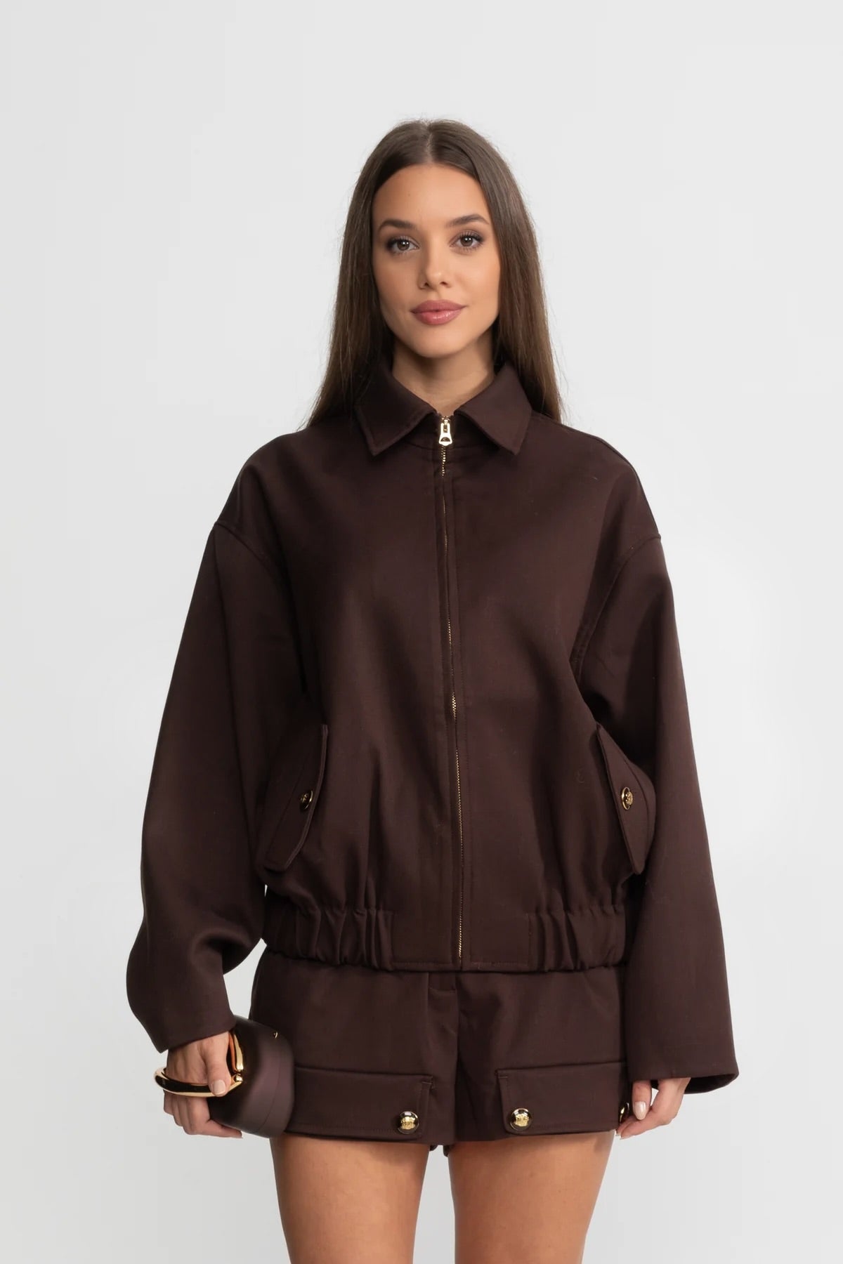 Co-Ord Set With Zip-Up Utility Jacket And Matching Shorts - Brown