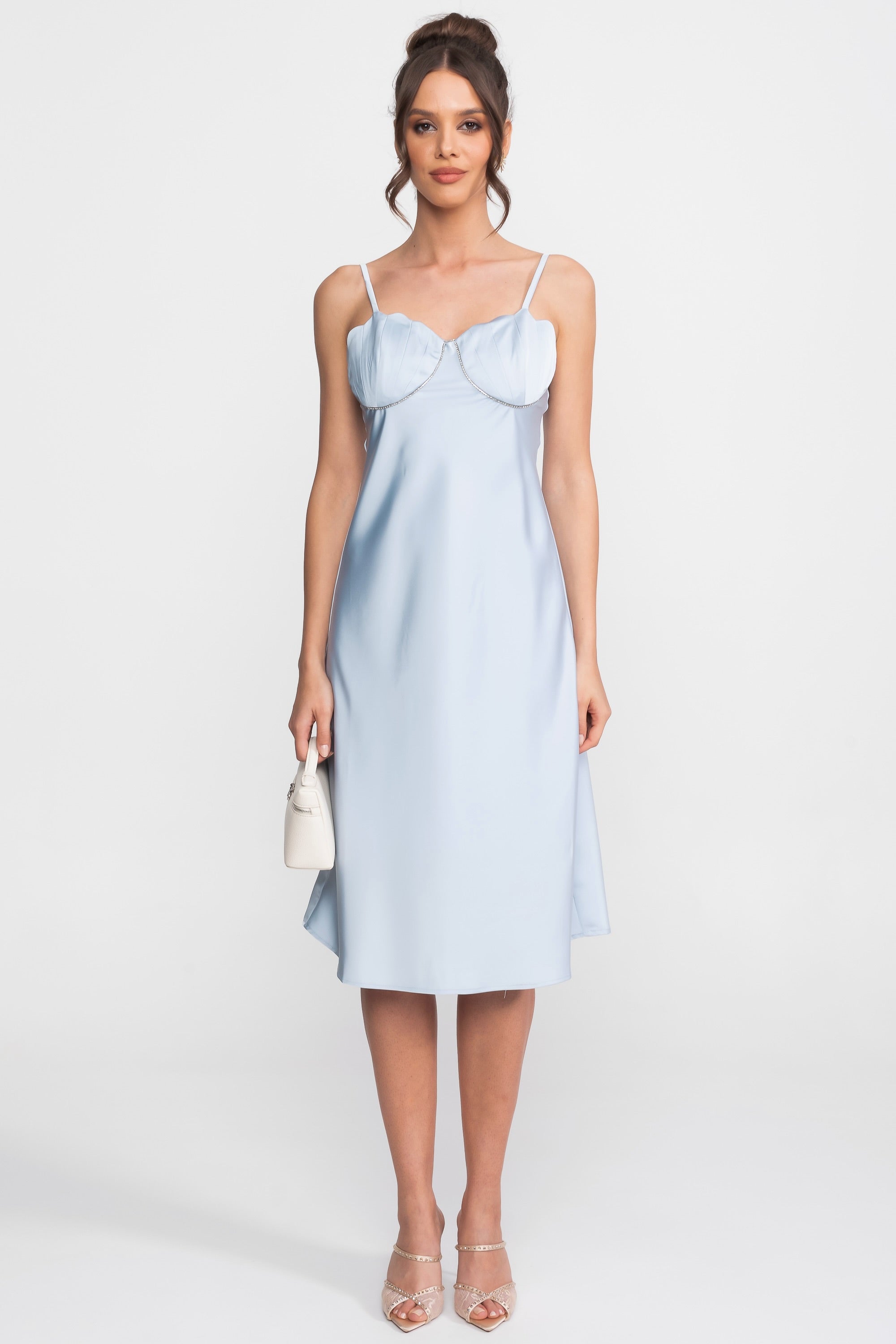 Satin Slip Midi Dress With Sweetheart Bustier Bodice - Light Blue