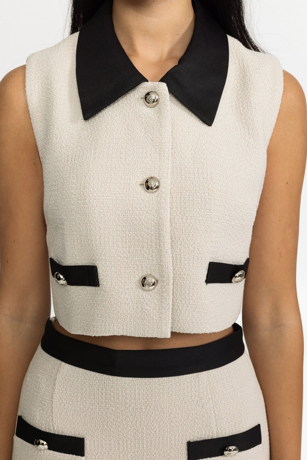 Contrast Collar Tweed Crop Top and Midi Skirt Set - Off-White