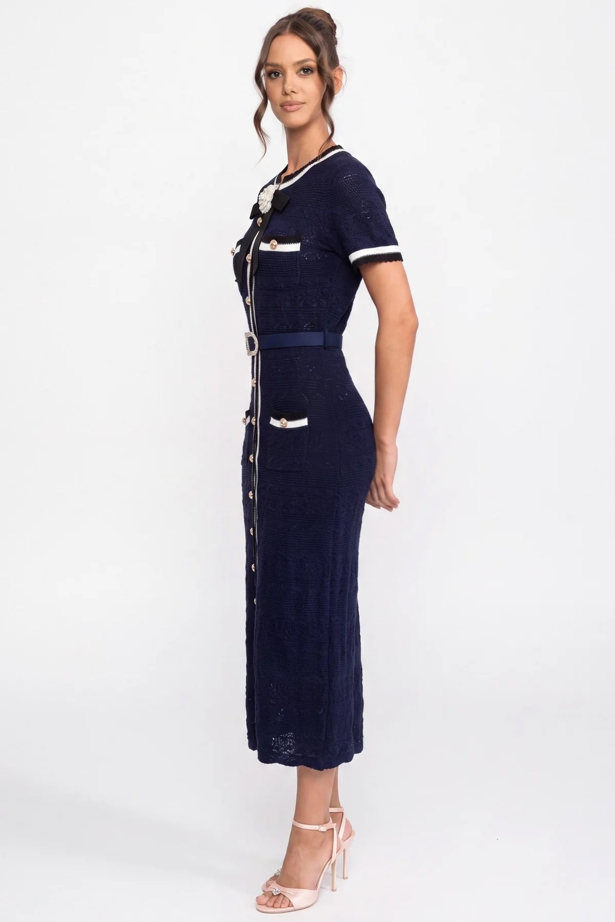 Knit Midi Dress With White Piping And Gold Buckle Belt - Navy