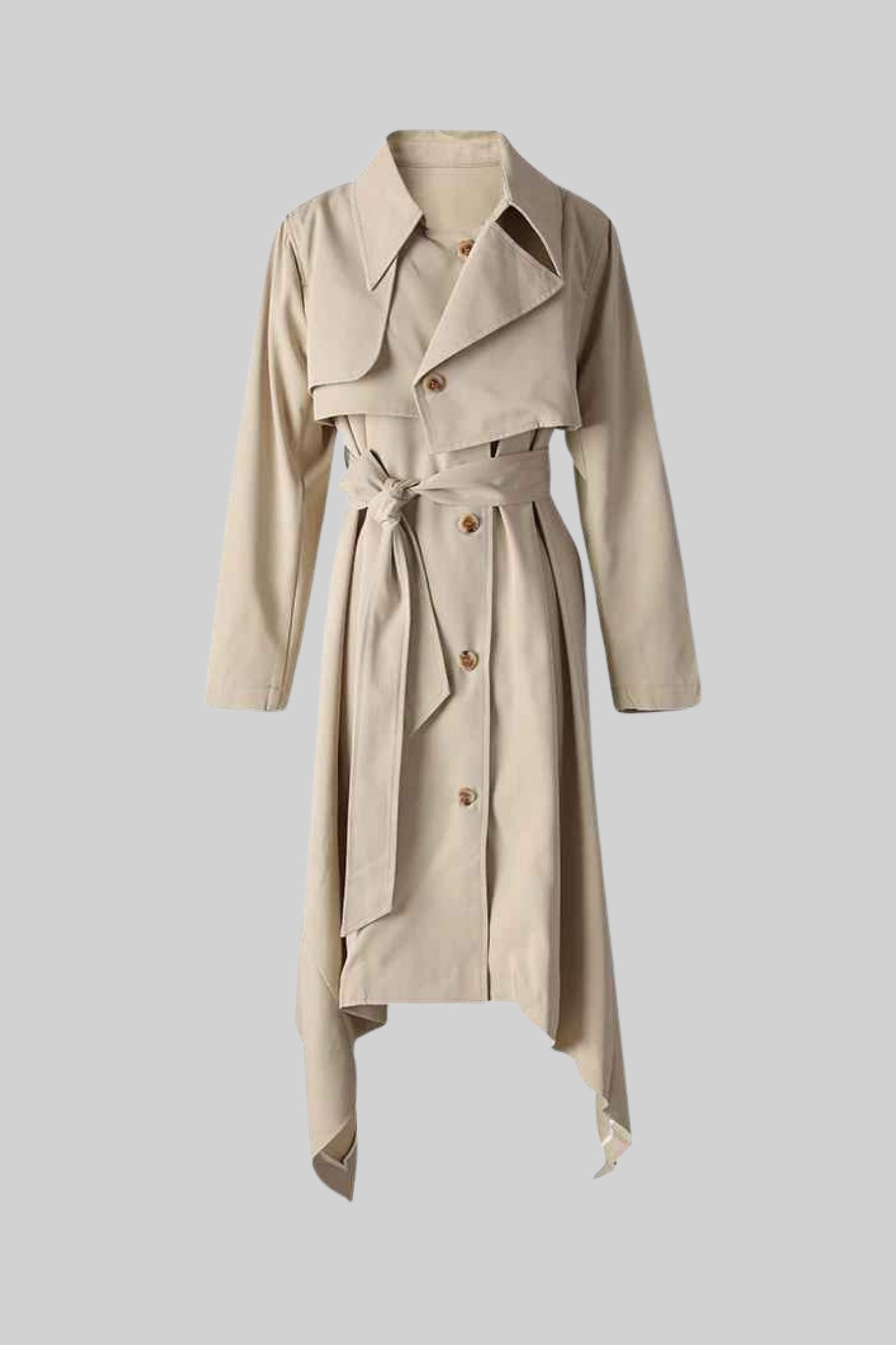 Long Trench Coat with Tie Belt and Asymmetrical Hem - Beige