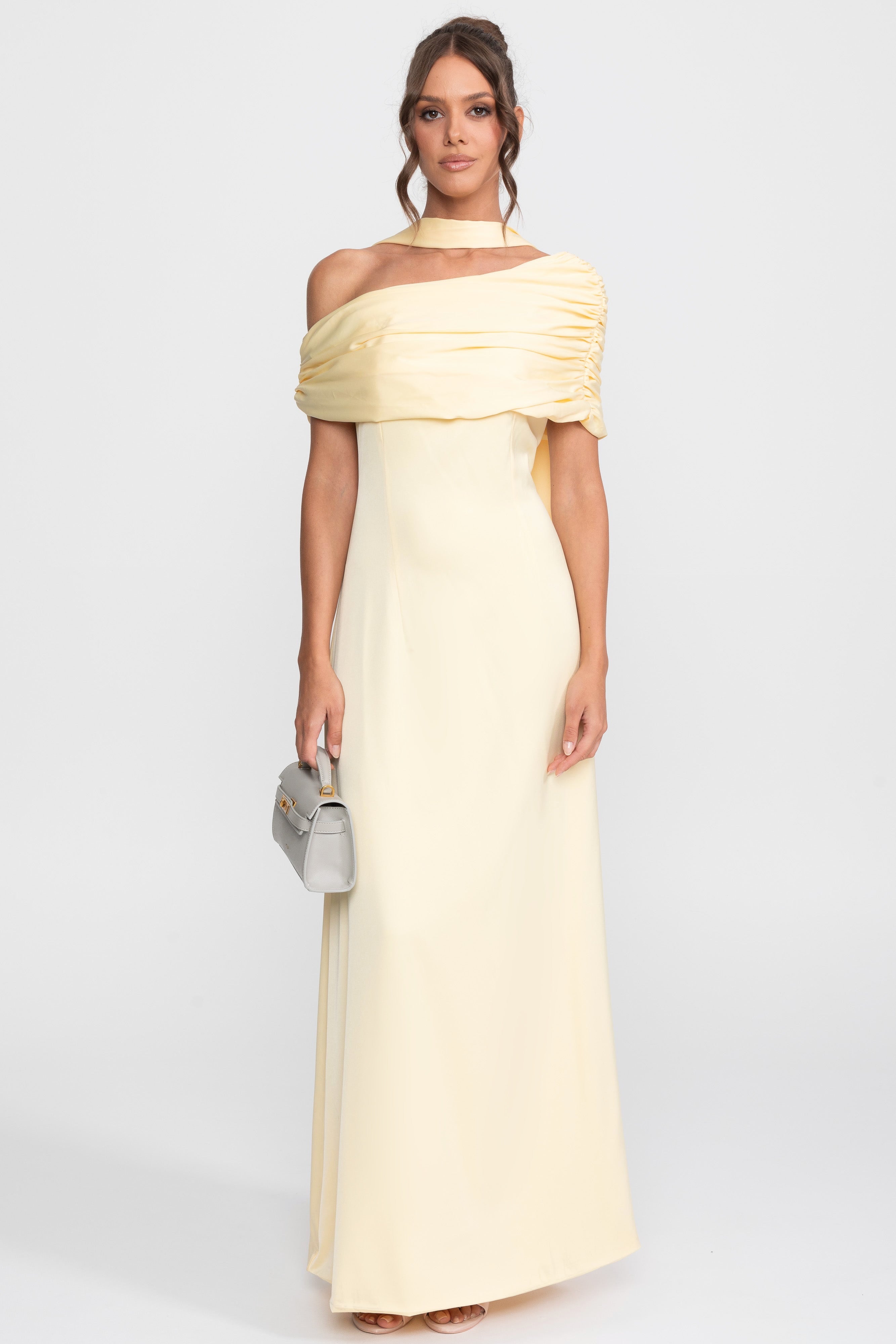 One-Shoulder Draped Satin Gown With Ruched Wrap - Yellow
