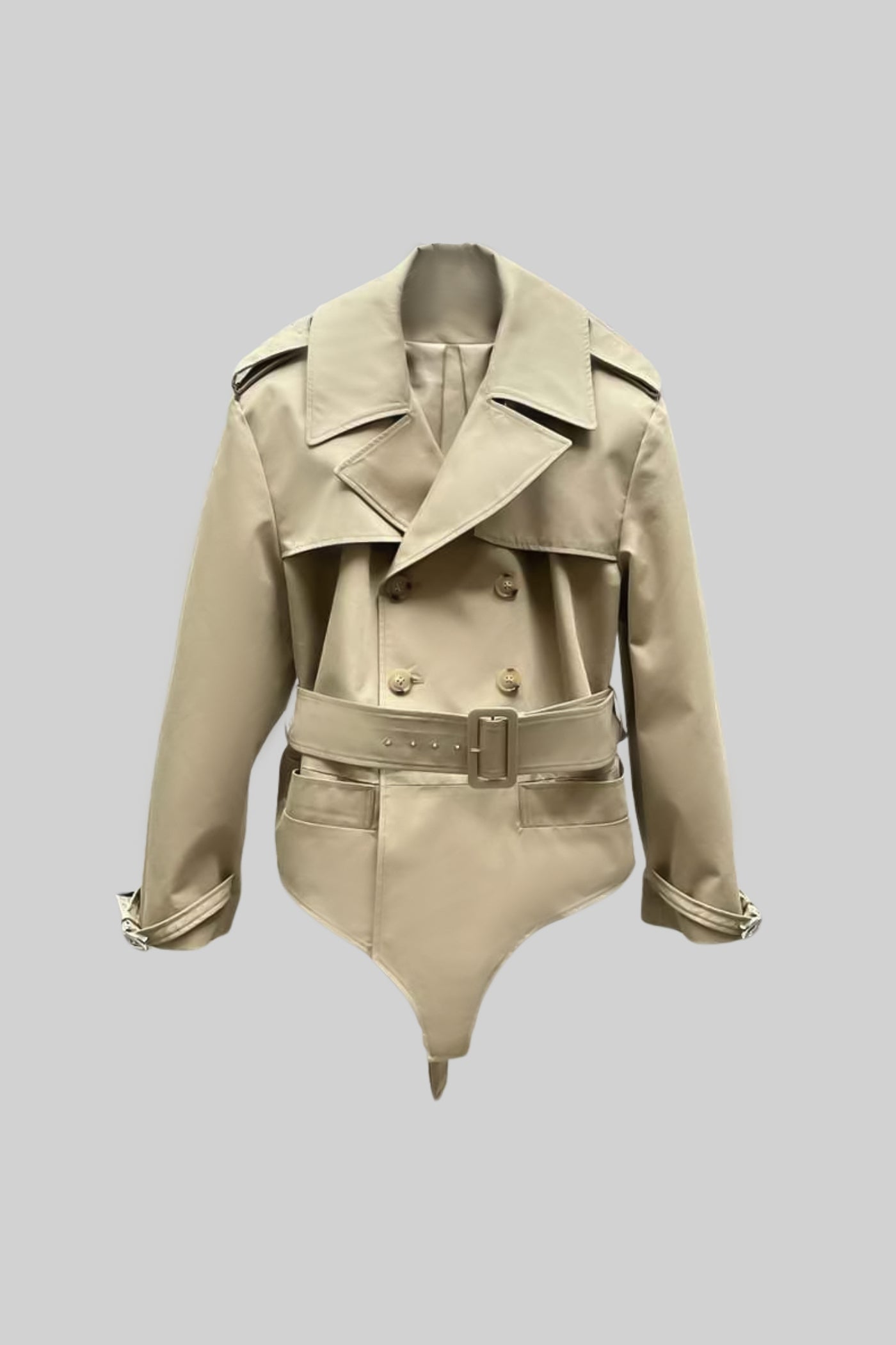 Trench Bodysuit Jacket with Belted Waist and Structured Lapel - Beige