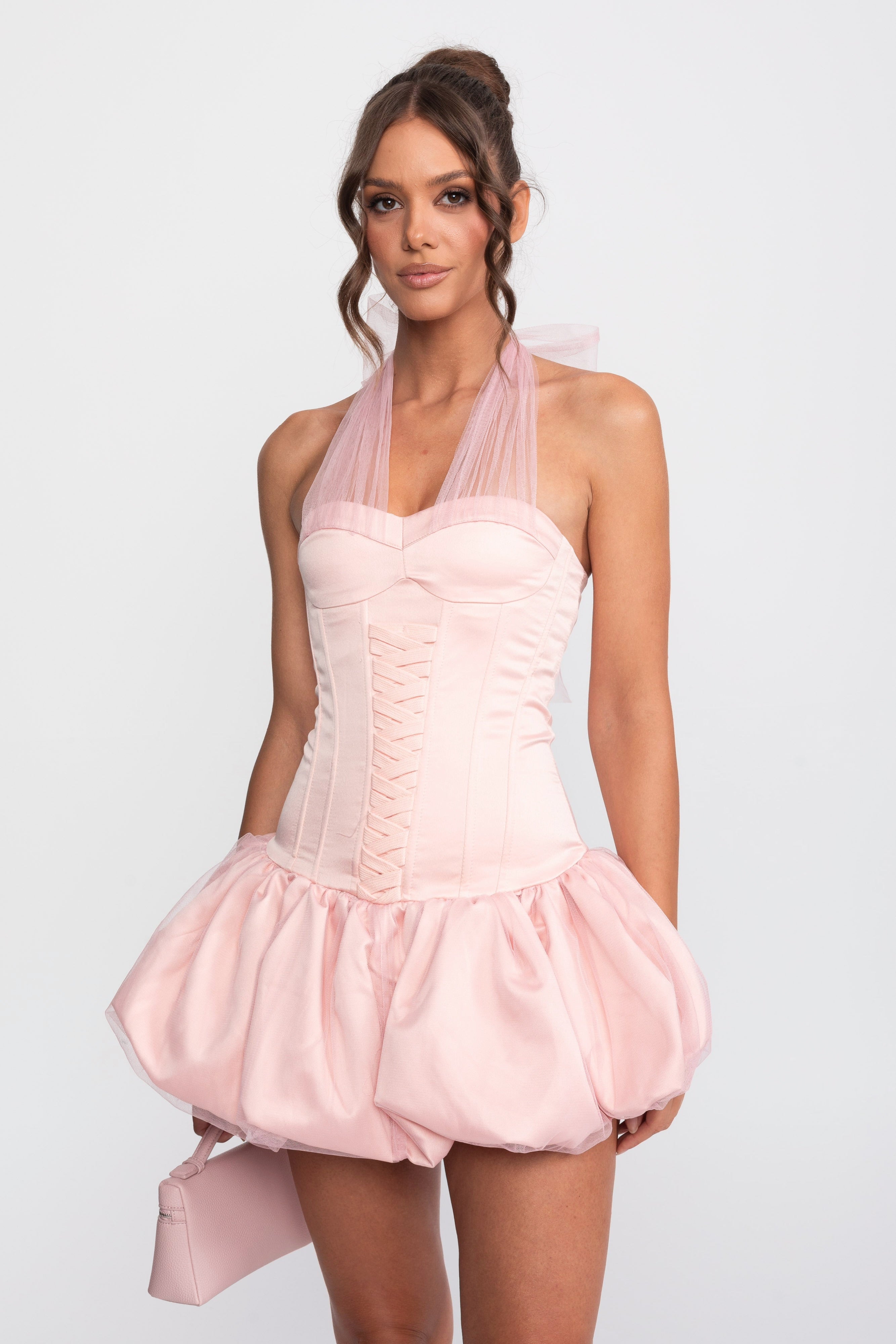 Corset Bubble Hem Mini Dress With Sheer Halter Tie - Pink