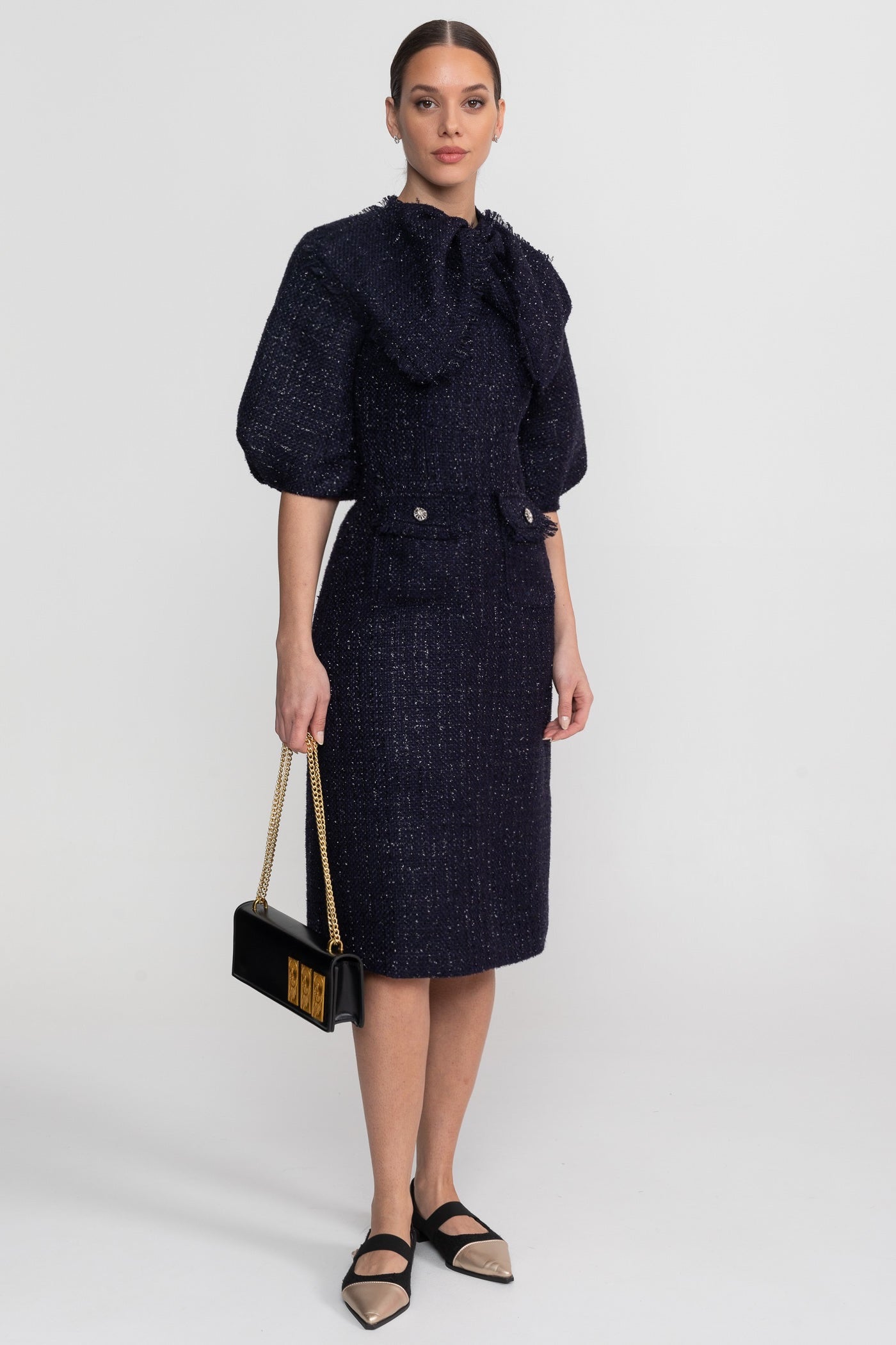 Tweed Midi Dress With Oversized Bow Neck Detail - Navy