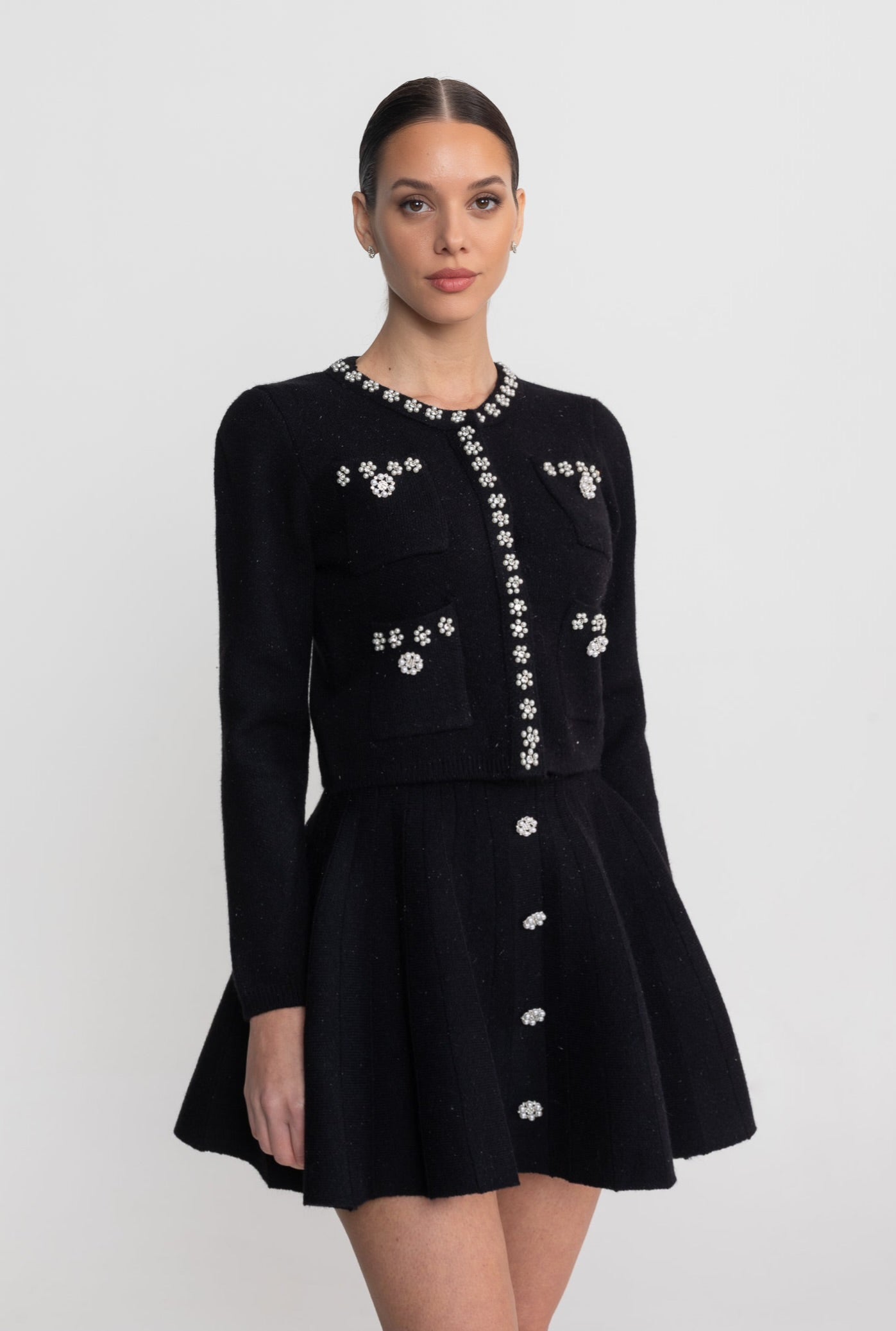 Knit Co-Ord Set With Long Sleeve Cardigan And Matching Mini Skirt - Black