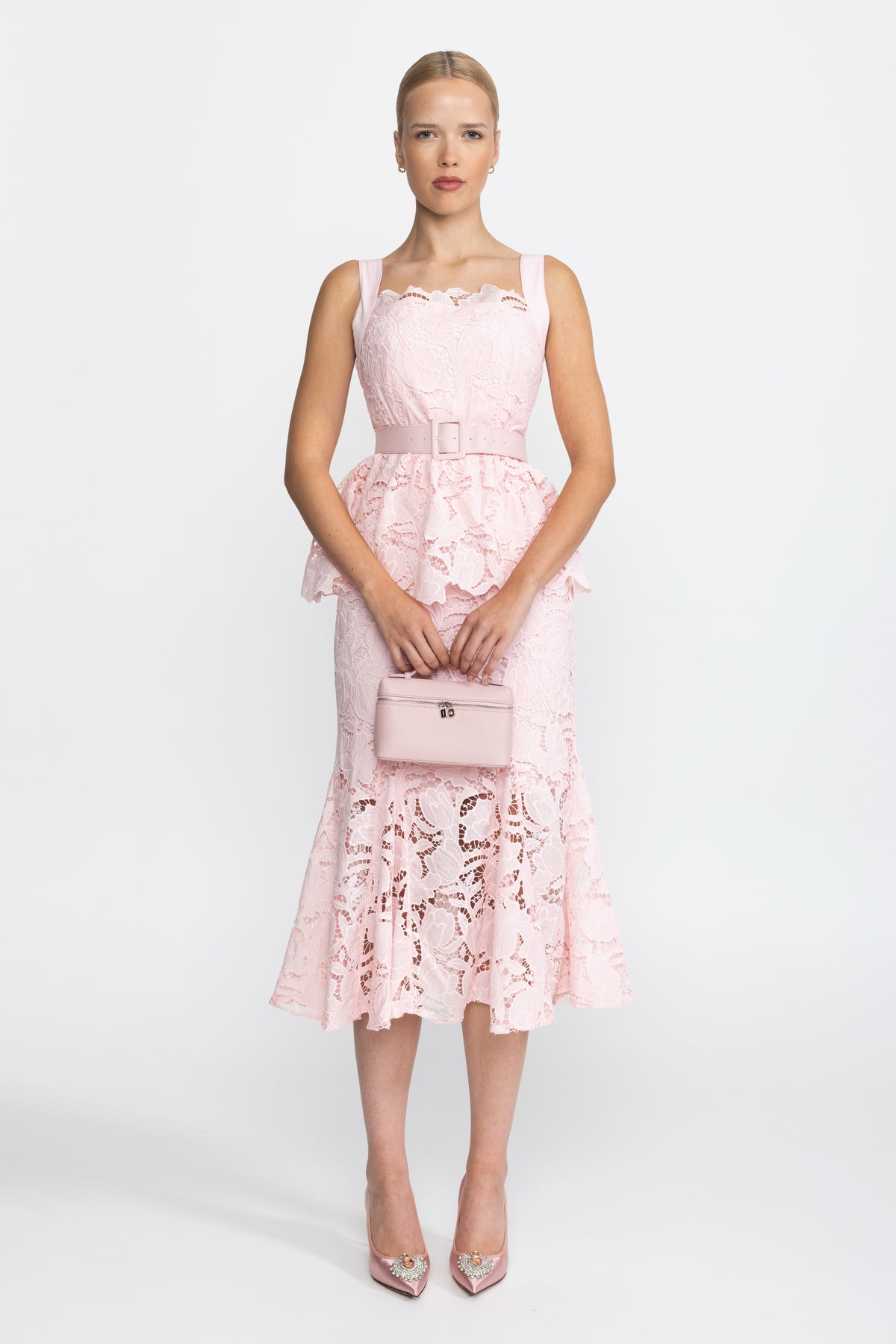 Guipure Lace Peplum Midi Dress - Pink