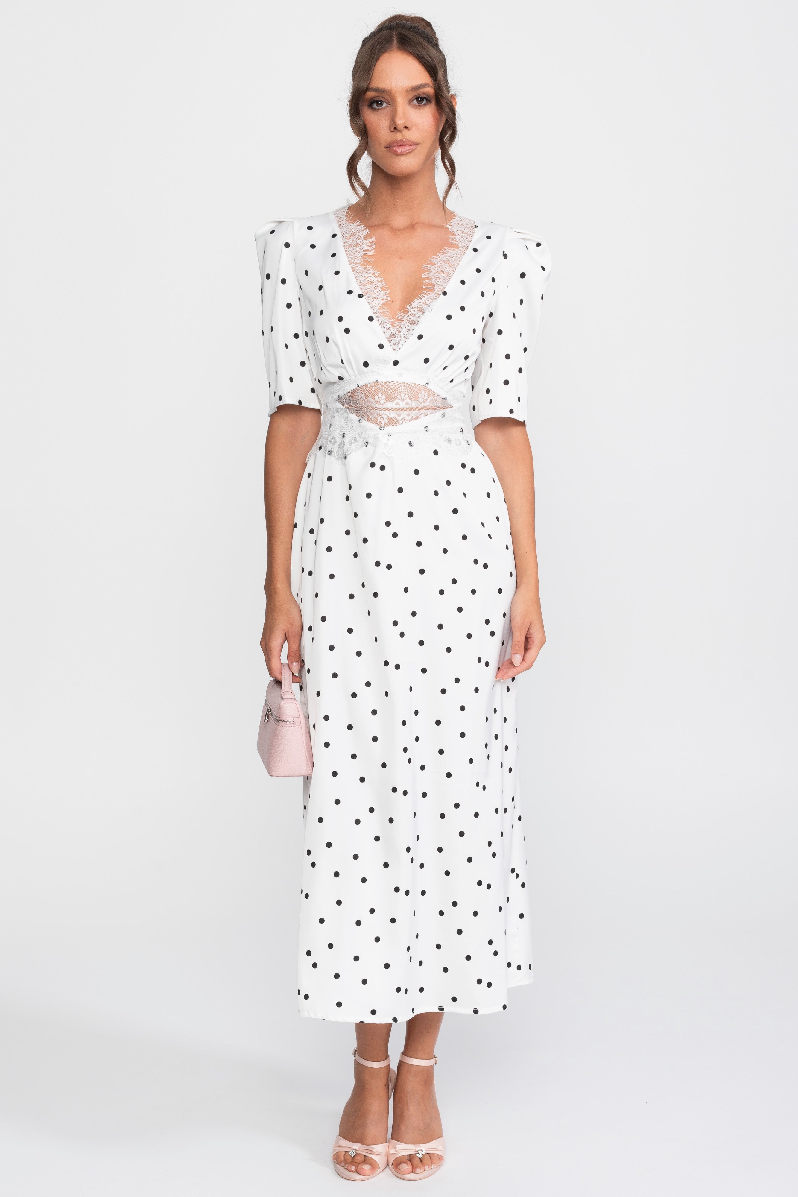Lace-Trim Polka Dot Midi Dress With Puff Sleeves - White