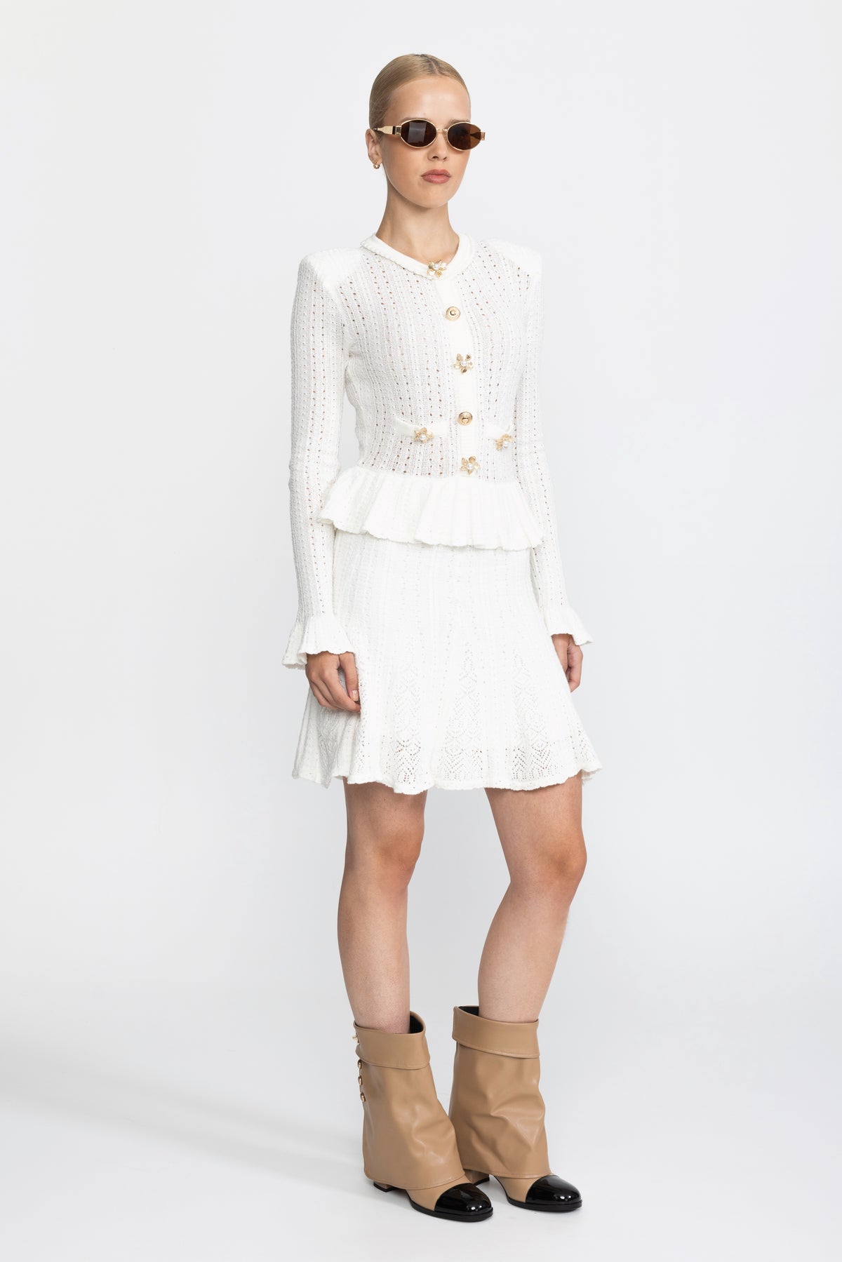 Pointelle Knit Peplum Mini Dress with Pearl Flower Buttons - White