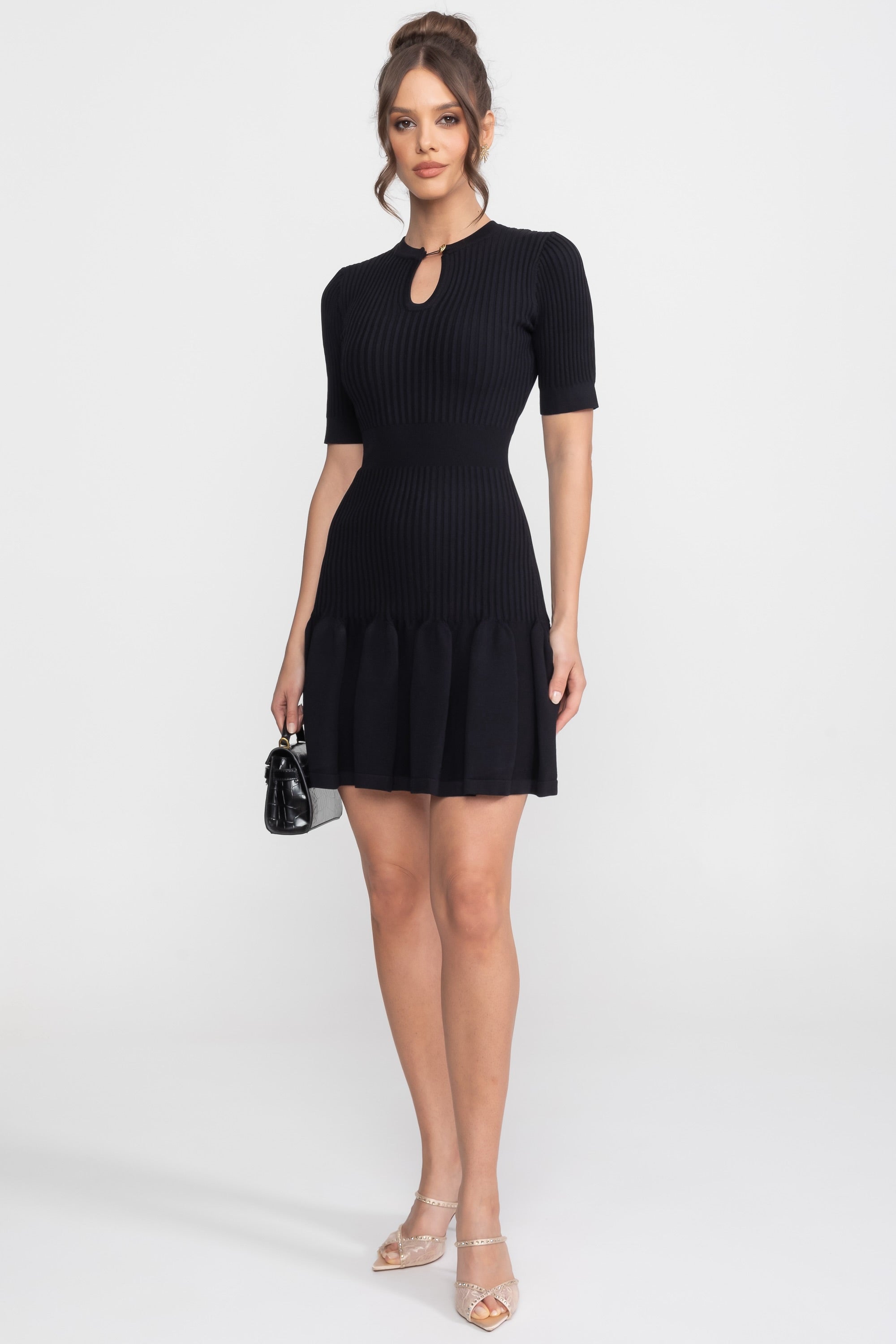 Ribbed Knit Mini Dress With Gold Button Keyhole Neckline - Black