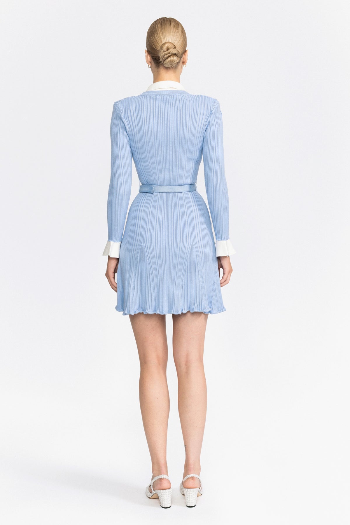 Ribbed Knit Pearl Button Belted Mini Dress - Light Blue