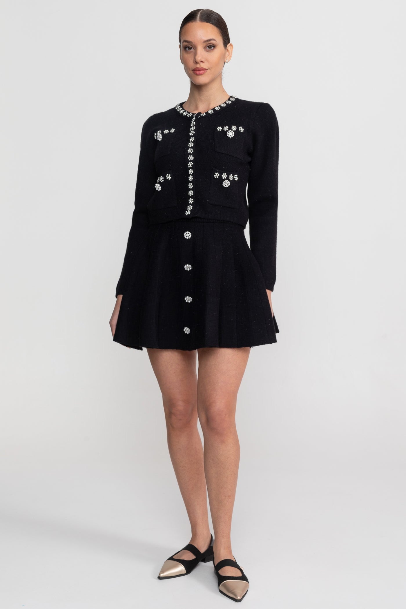 Knit Co-Ord Set With Long Sleeve Cardigan And Matching Mini Skirt - Black