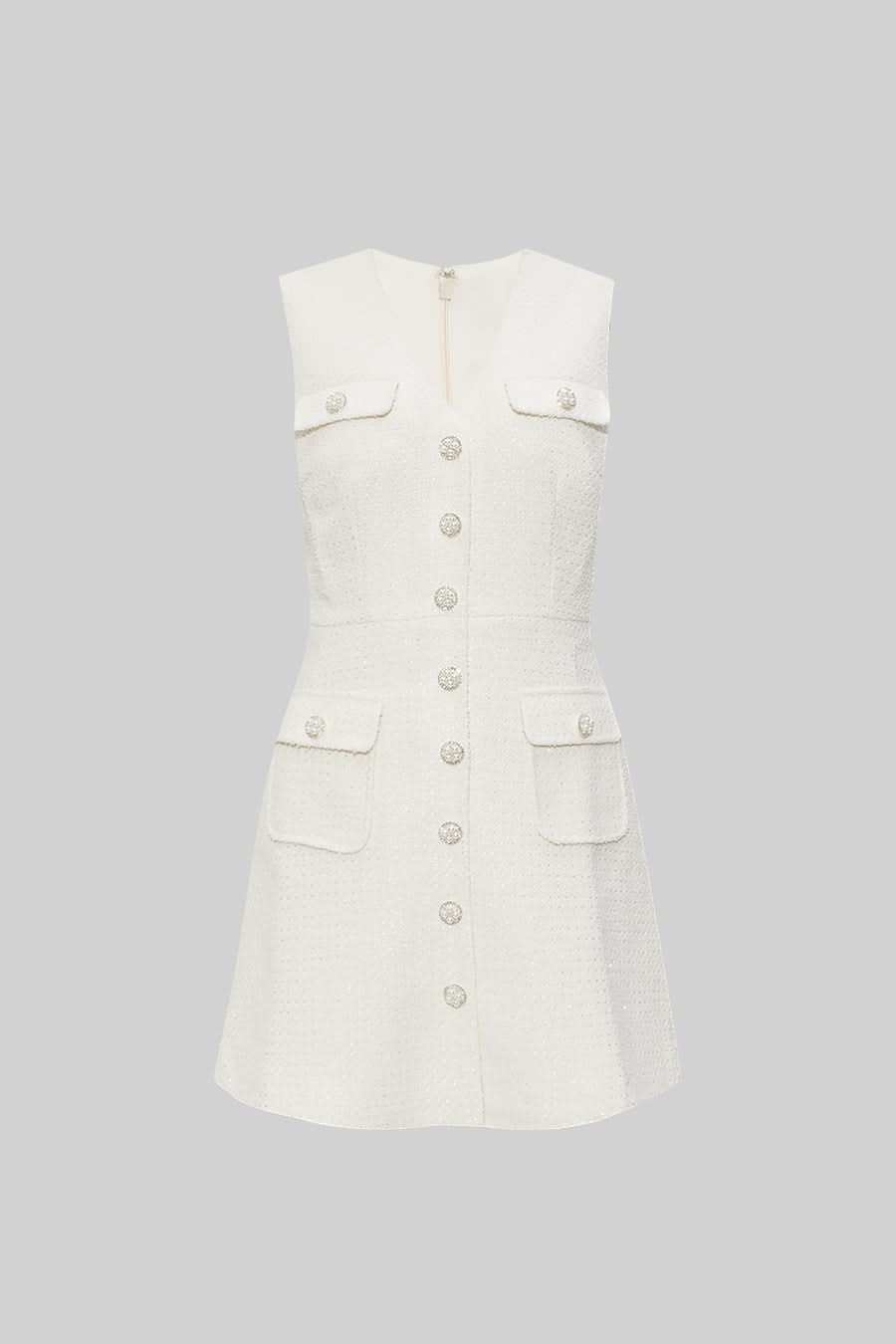 Textured Sleeveless Dress With Pearl Button Accents - White