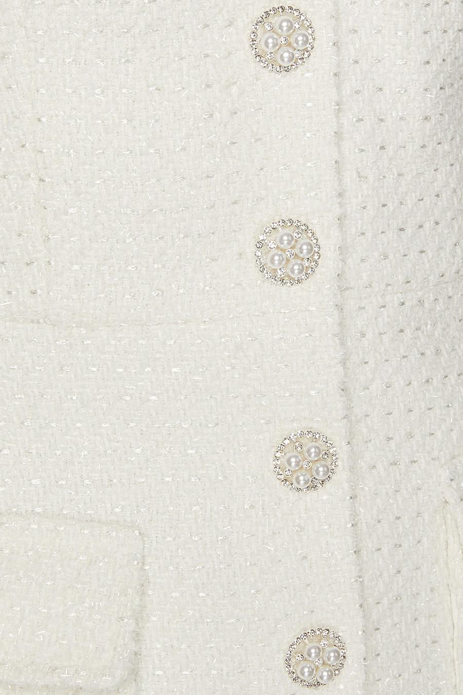 Textured Sleeveless Dress With Pearl Button Accents - White