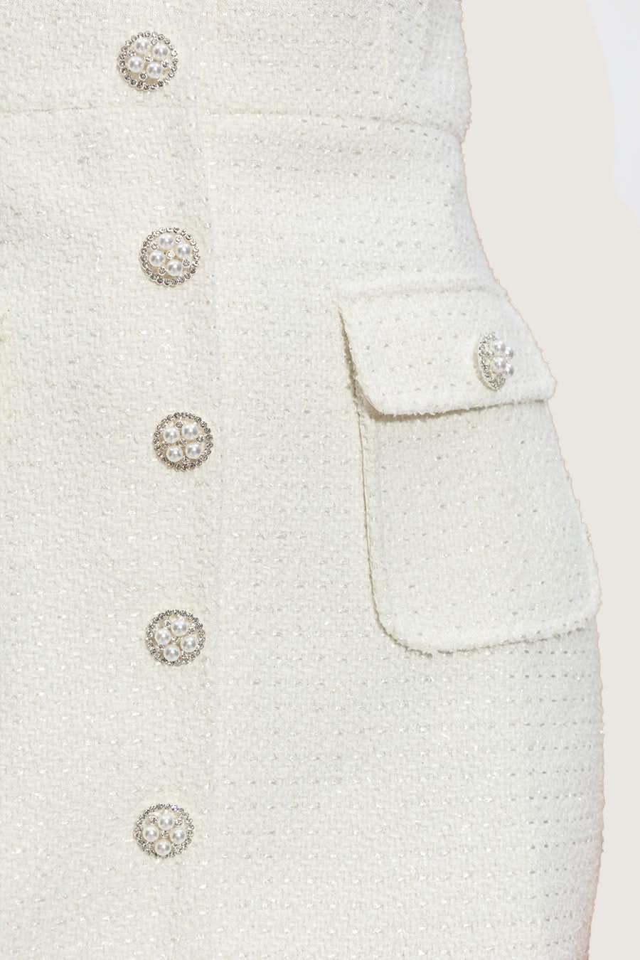Textured Sleeveless Dress With Pearl Button Accents - White