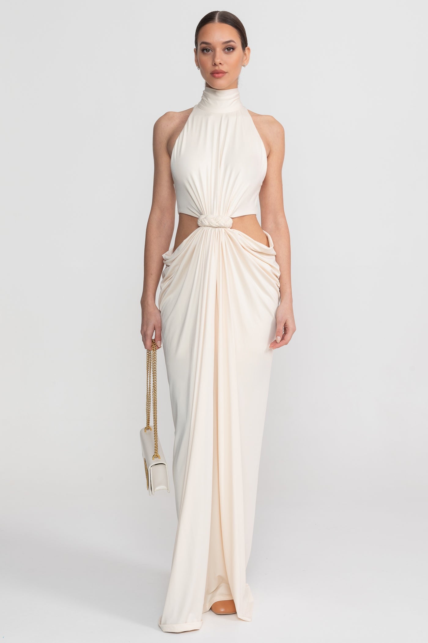 High Neck Halter Maxi Dress With Knotted Cut-Out Waist - Ivoire