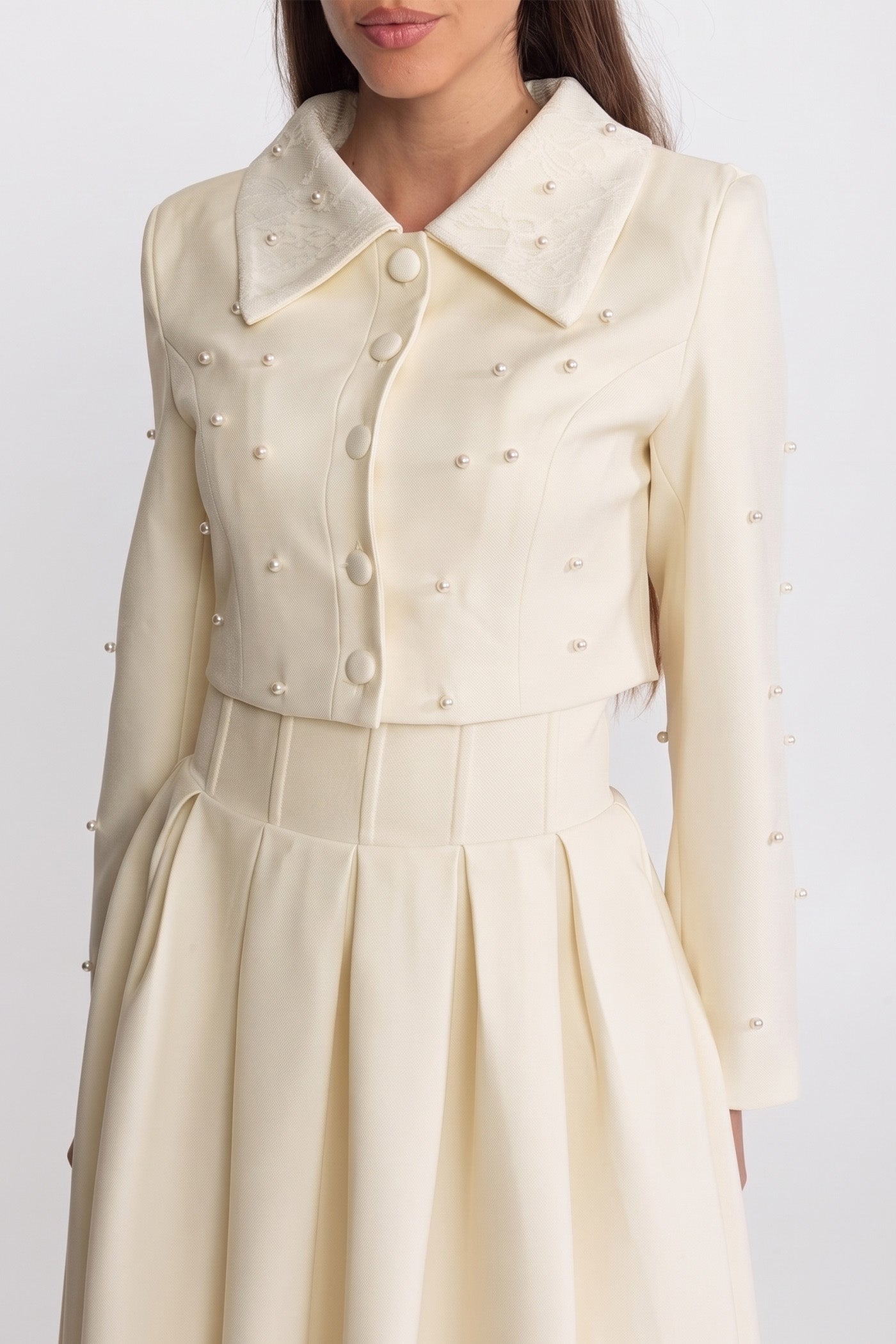 Pearl-Embellished Co-Ord Set with Cropped Jacket and Full Skirt – Ivoire