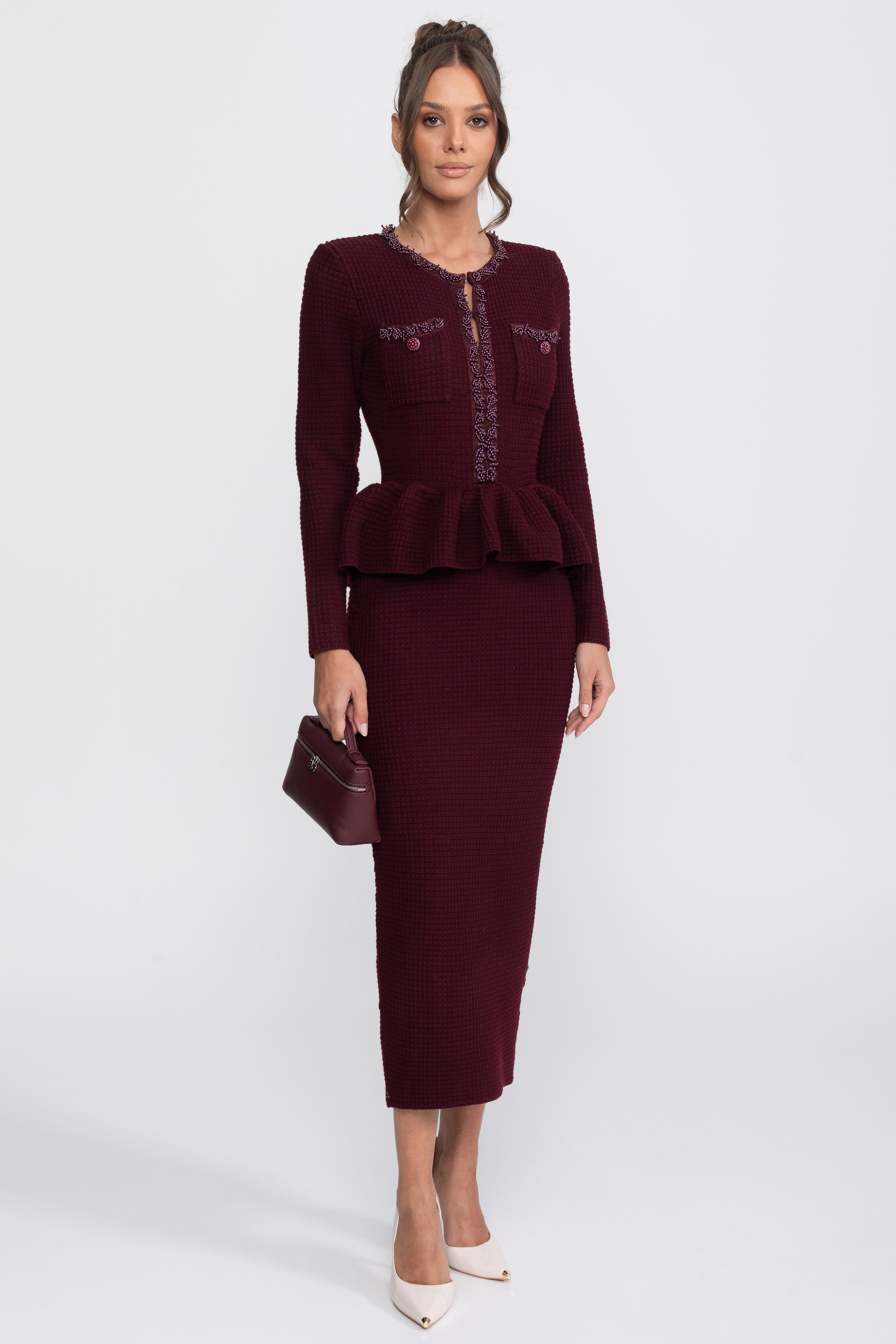 Fringe Trim Knit Peplum Dress With Front Chest Pockets - Burgundy