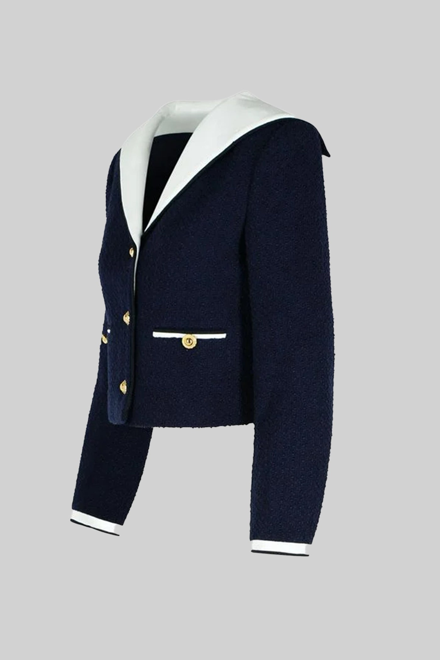 Tweed Cropped Jacket with Contrast Collar - Navy