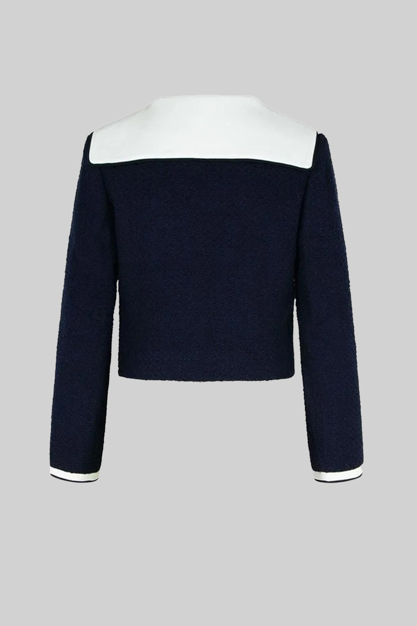 Tweed Cropped Jacket with Contrast Collar - Navy