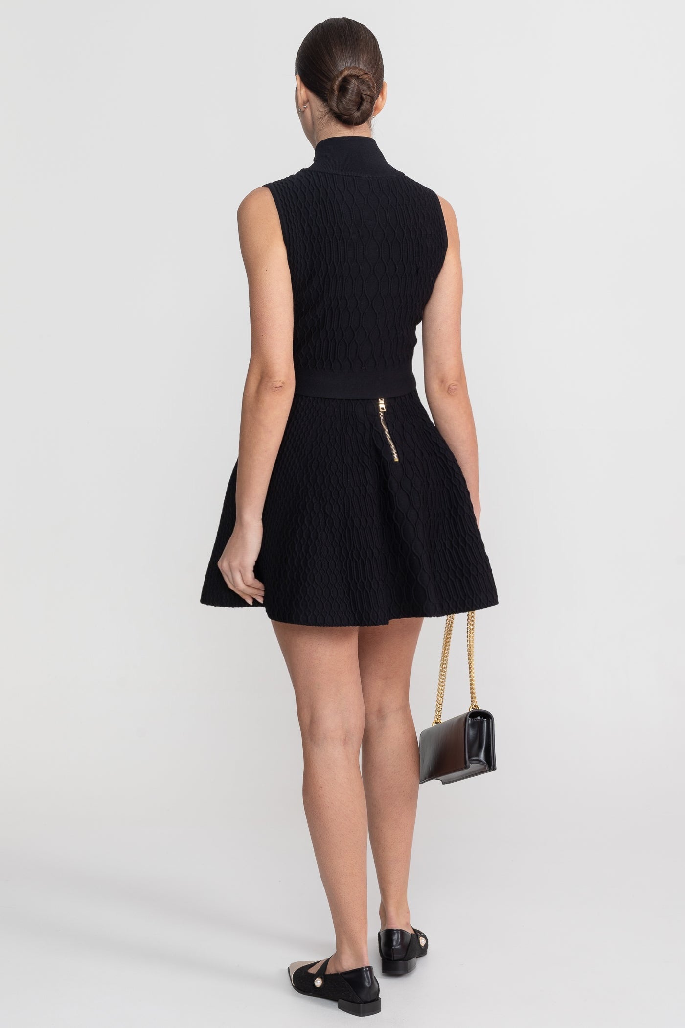 Textured Co-Ord Set With Sleeveless High Neck Top And Matching Mini Skirt - Black