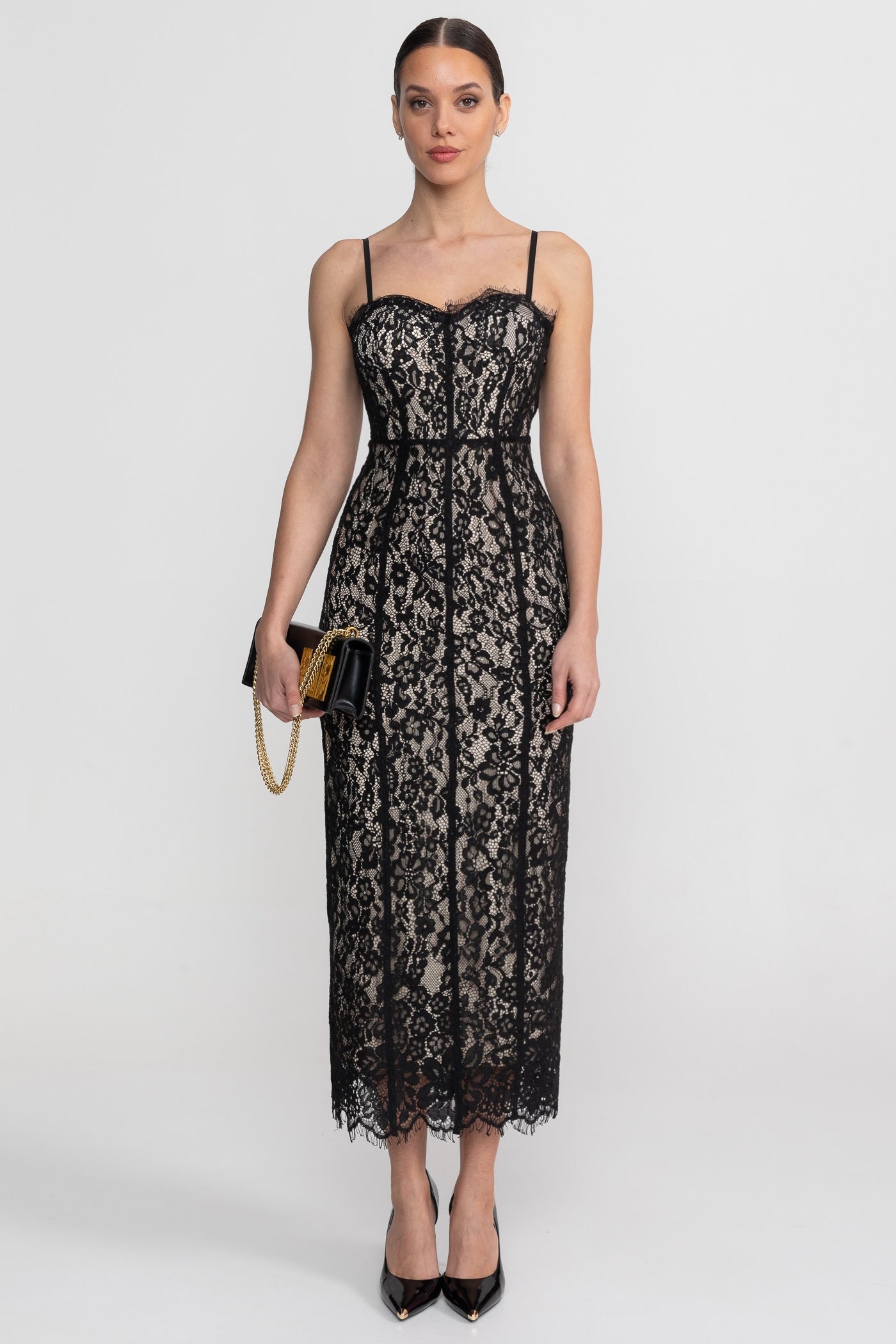 Lace Midi Dress With Sheer Corset Bodice - Black