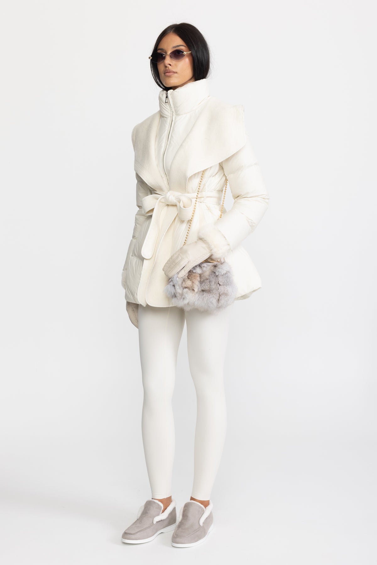 Draped Collar Belted Down Jacket with Plush Cuffs - Ivoire