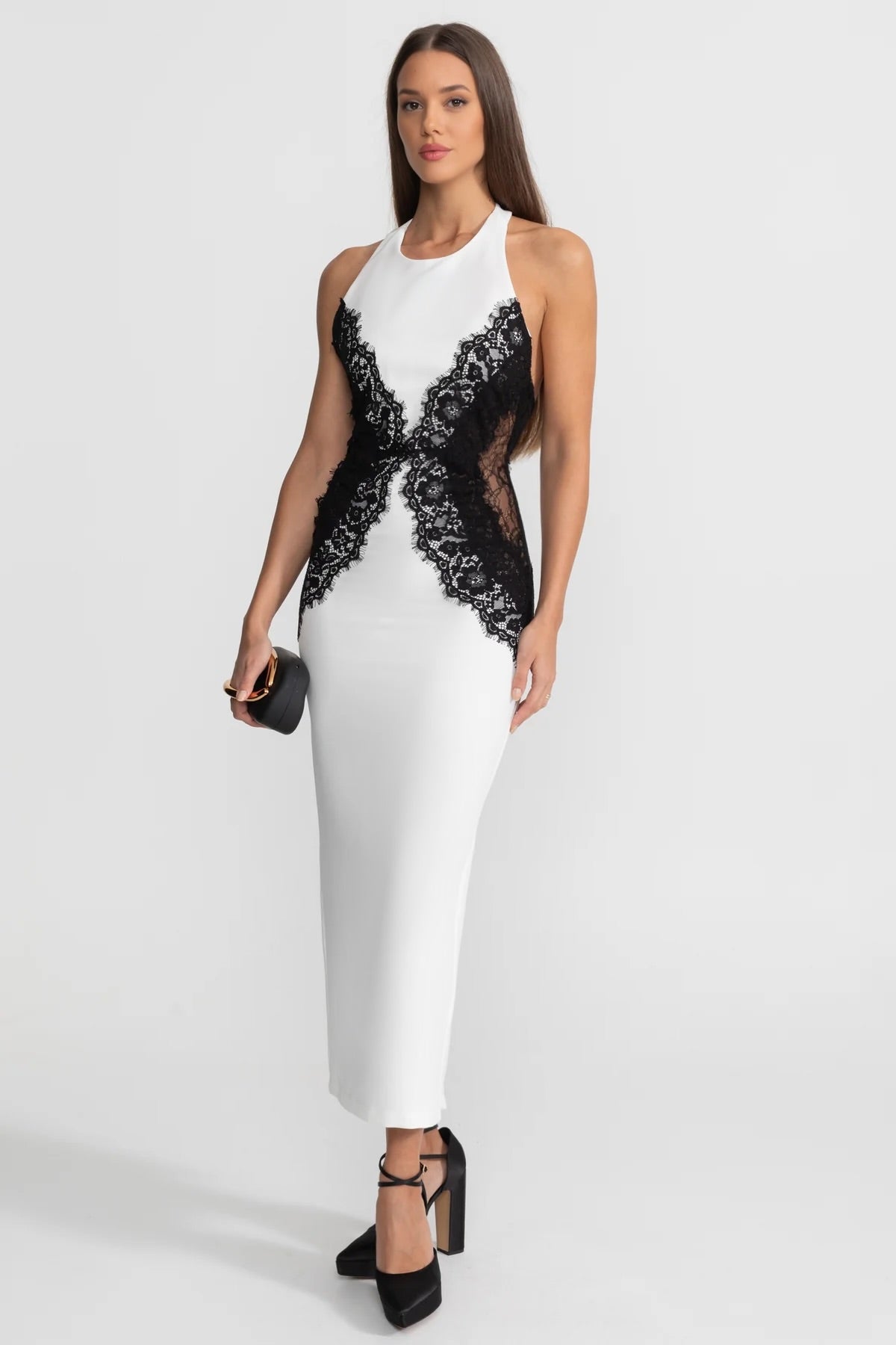 Halter Maxi Dress with Contrast Lace Panels – White