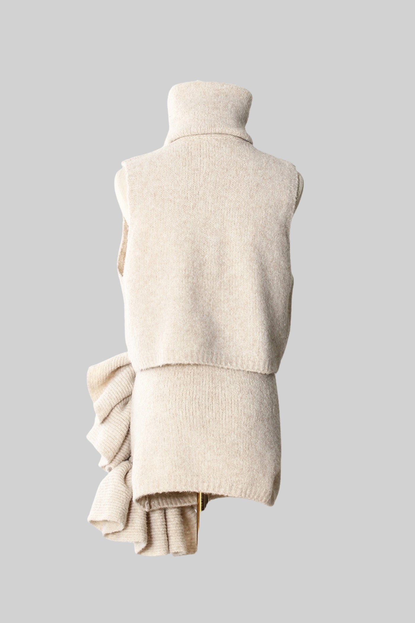 Knitted Three-Piece Set with Sculptural Ruffle Details - Beige