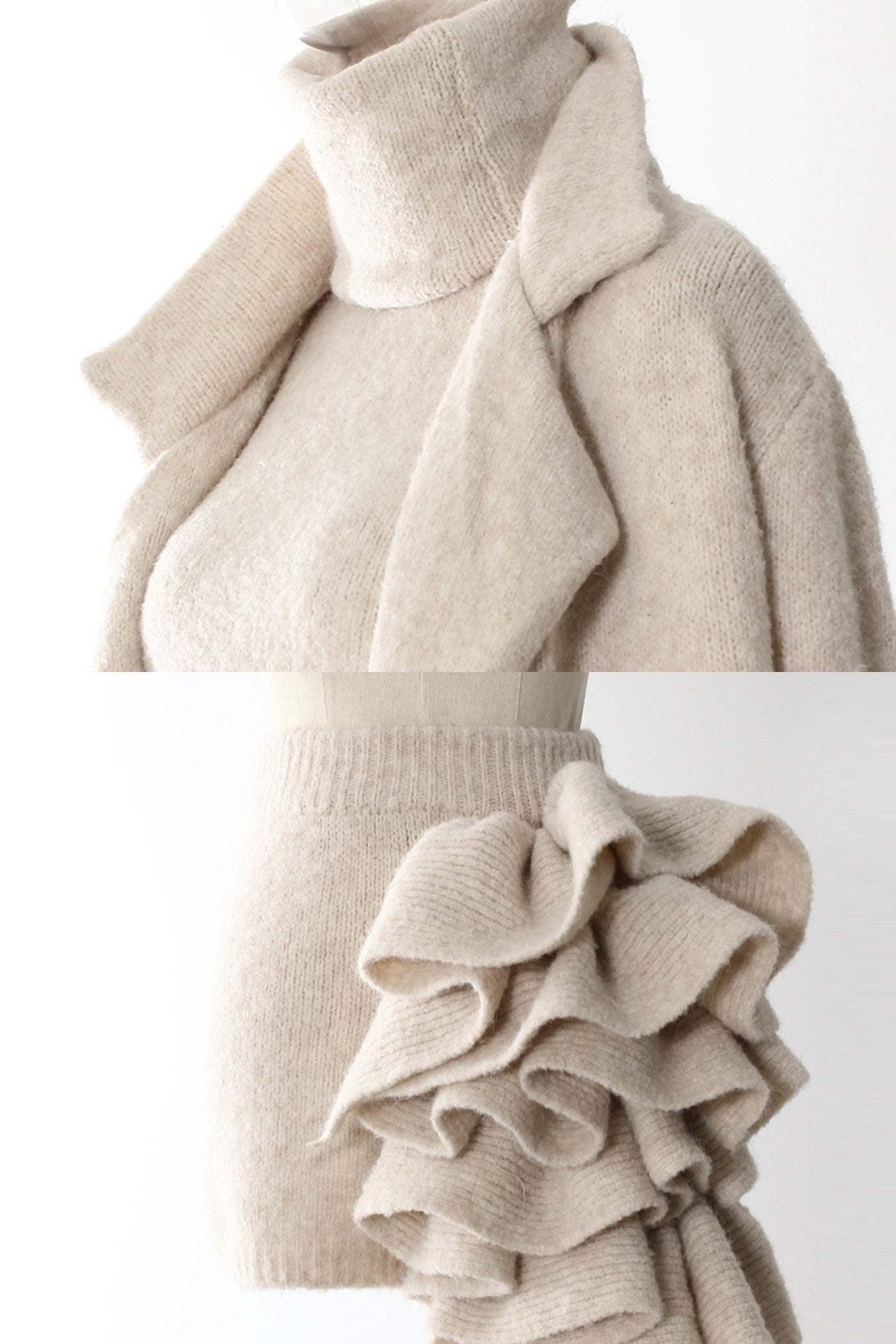 Knitted Three-Piece Set with Sculptural Ruffle Details - Beige