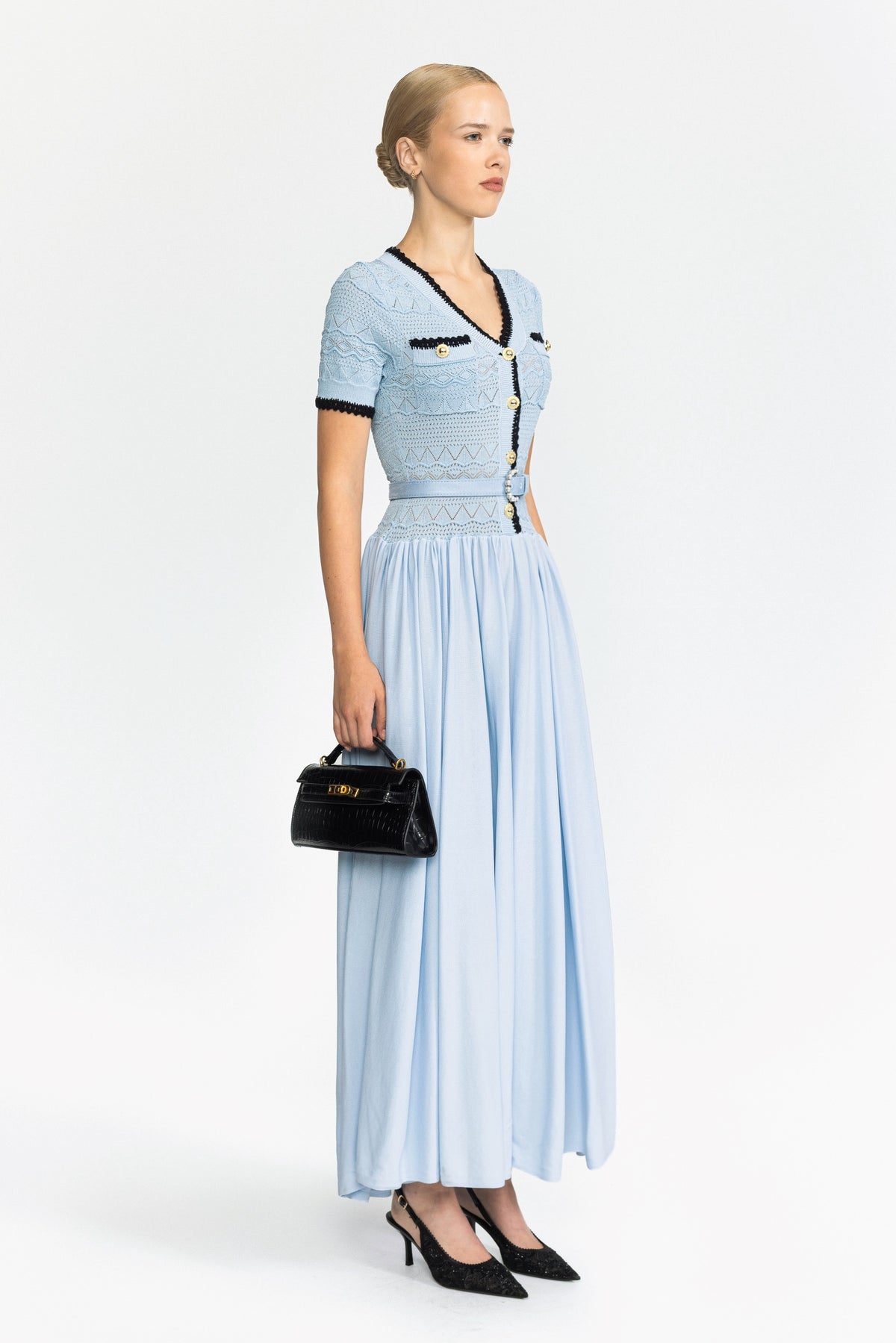 Pointelle Knit Bodice Belted Maxi Dress - Light Blue