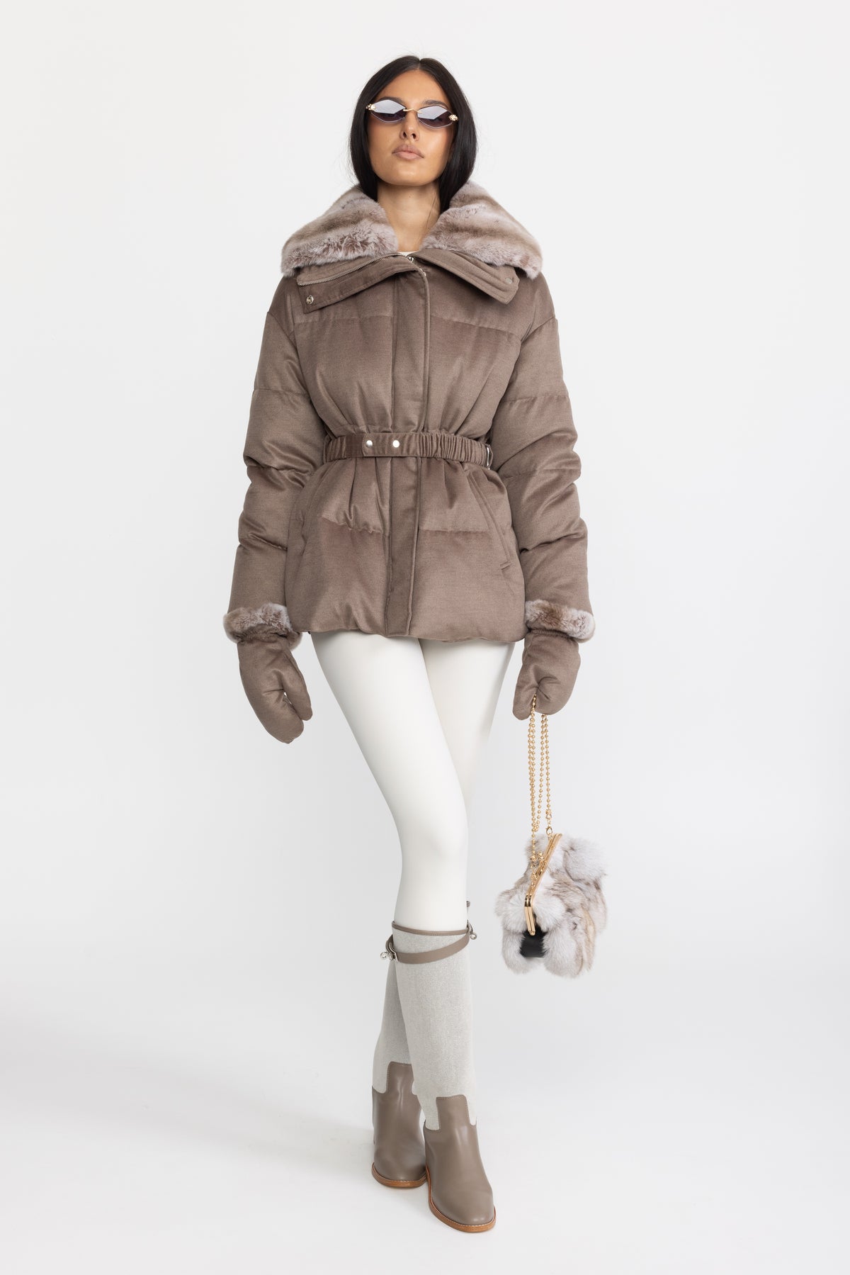 Rex Rabbit Fur Collar Cotton-Silk Down Jacket - Taupe