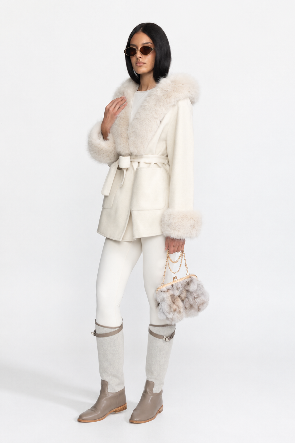 Hooded Belted Cashmere-Blend Coat with Fur Trim - Ivoire