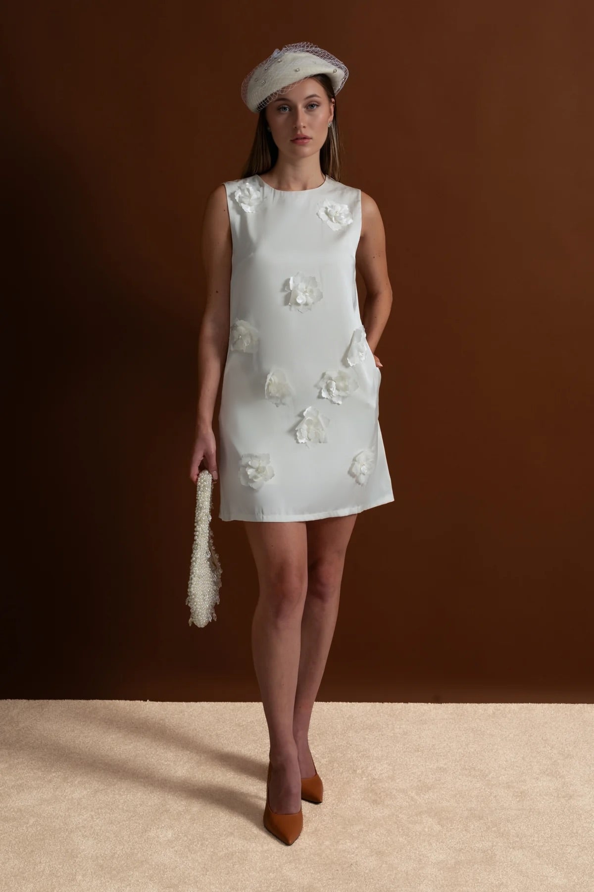 floral applique white dress 3D Floral Appliqué Mini Dress – White, L