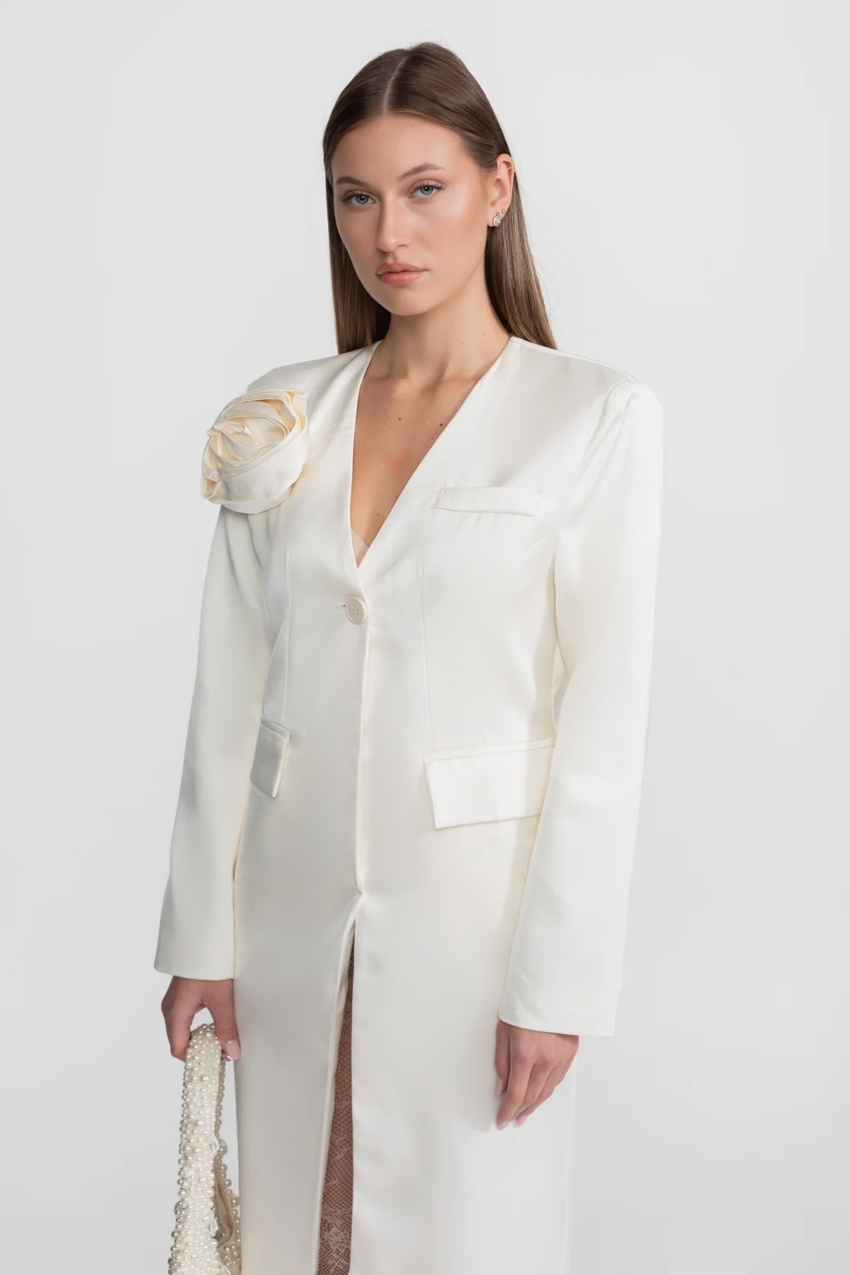 Satin Rose Embellished Blazer Dress – Ivoire