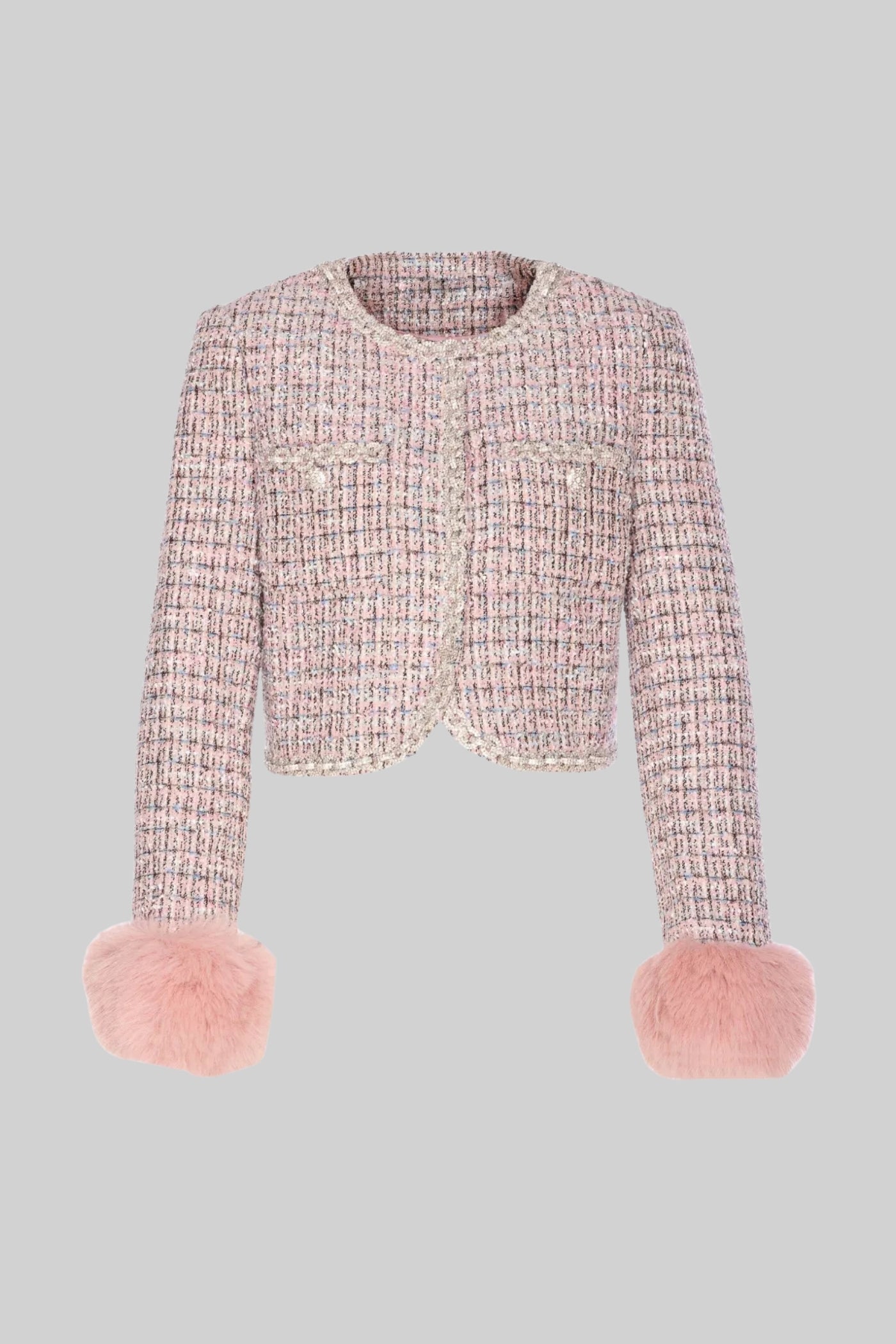 Tweed Cropped Jacket with Faux Fur Cuffs - Pink
