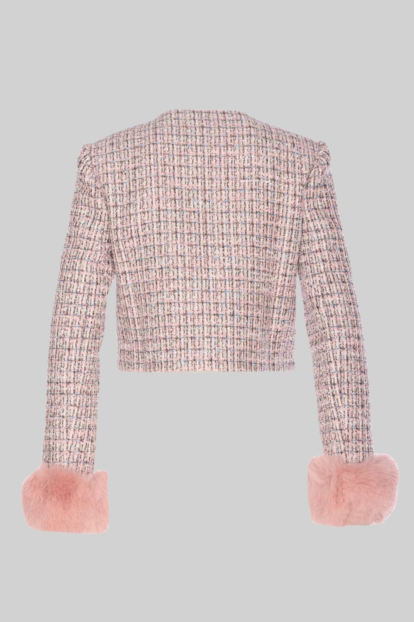 Tweed Cropped Jacket with Faux Fur Cuffs - Pink