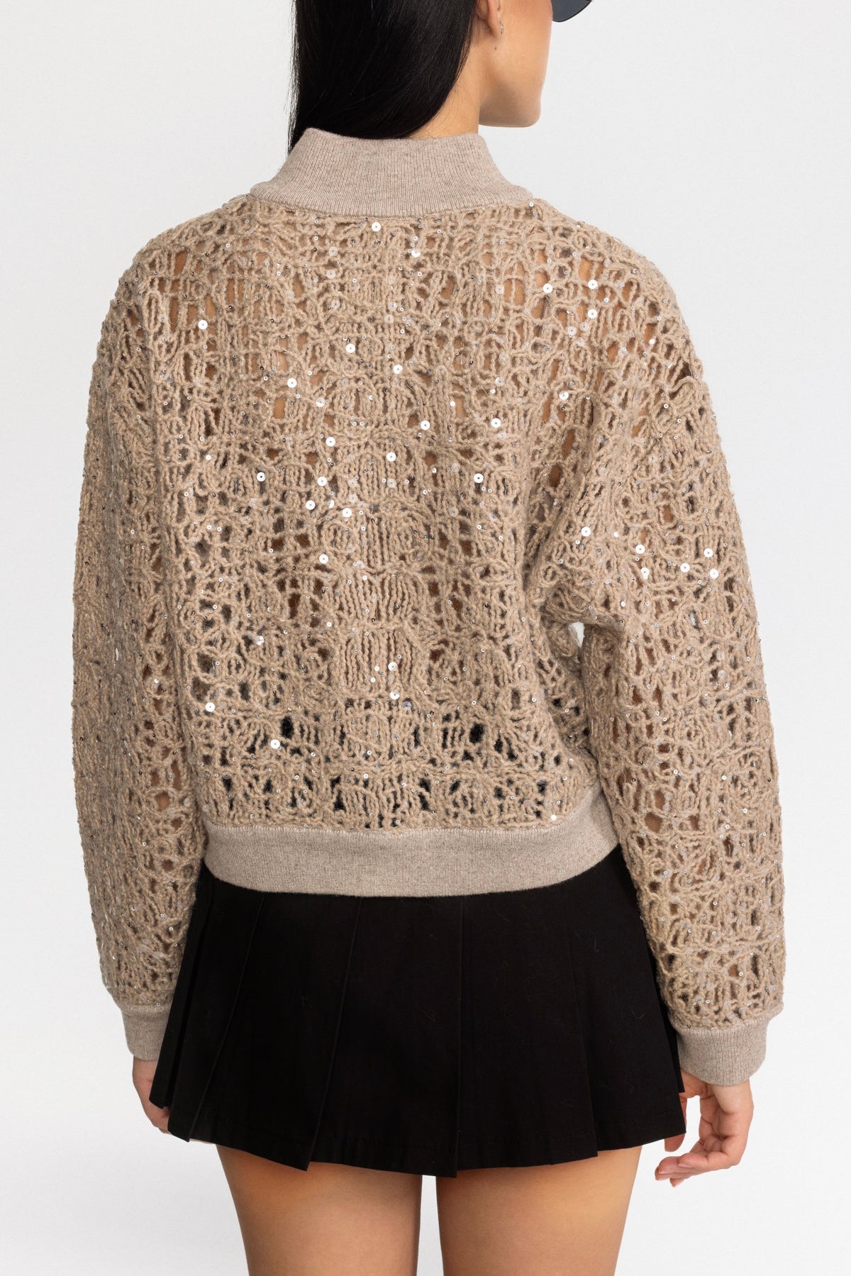 Sequin Open-Knit Zip Cardigan - Beige