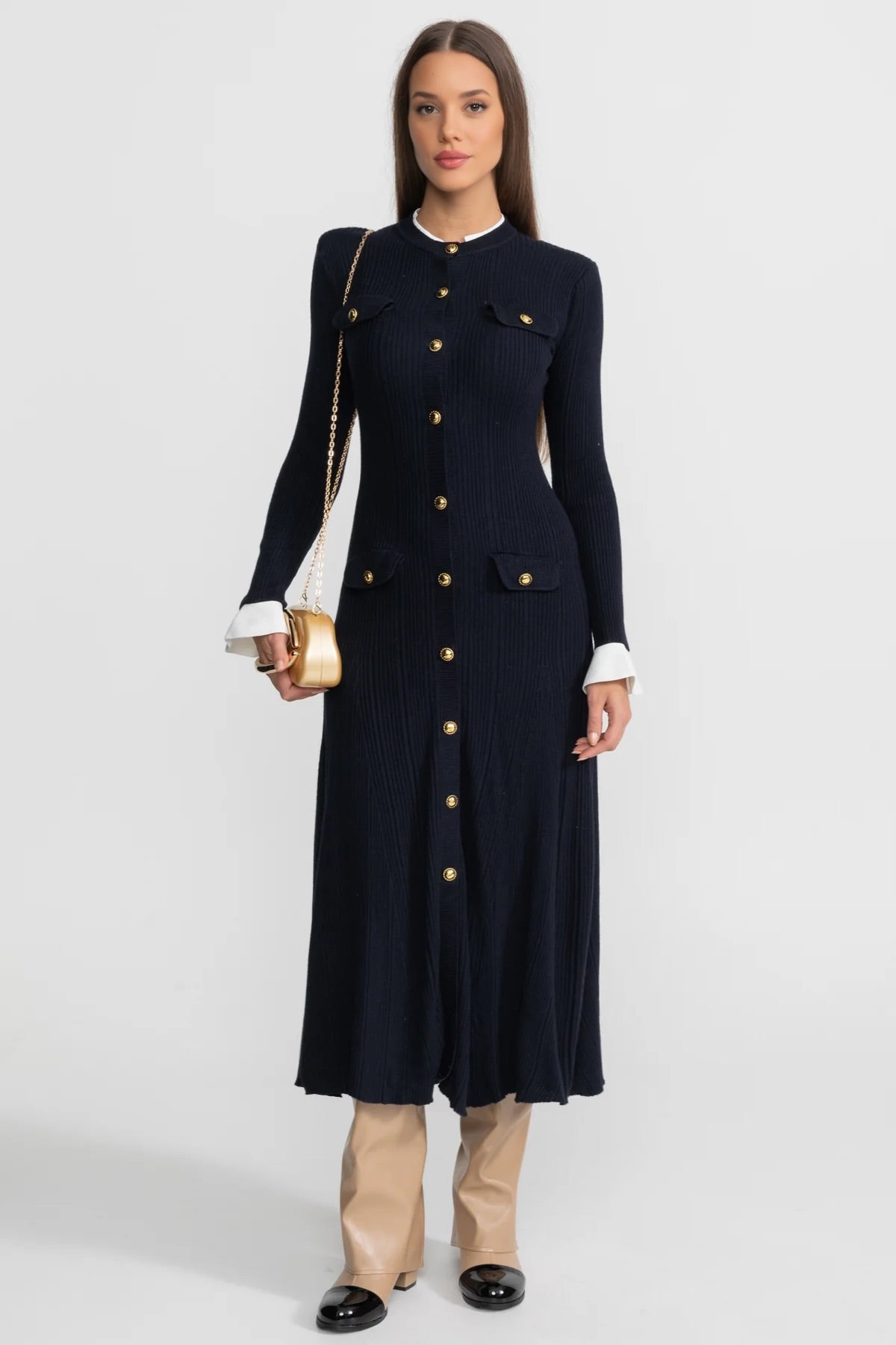 Ribbed Knit Midi Dress with Gold Button Fastening - Dark Blue, M Ribbed Knit Midi Dress with Gold Button Fastening - Dark Blue, M