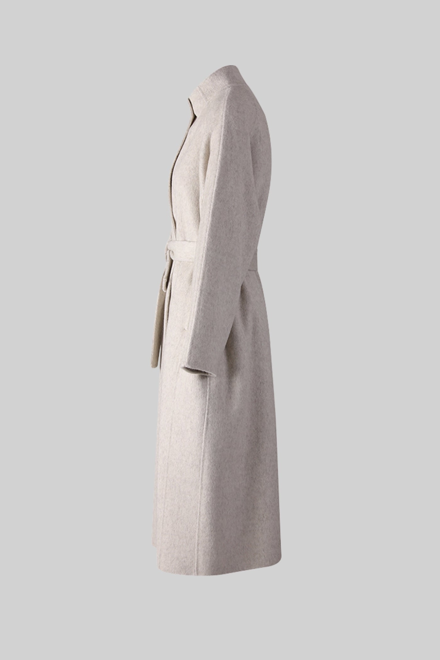 Belted Midi Coat With High Neckline - Beige