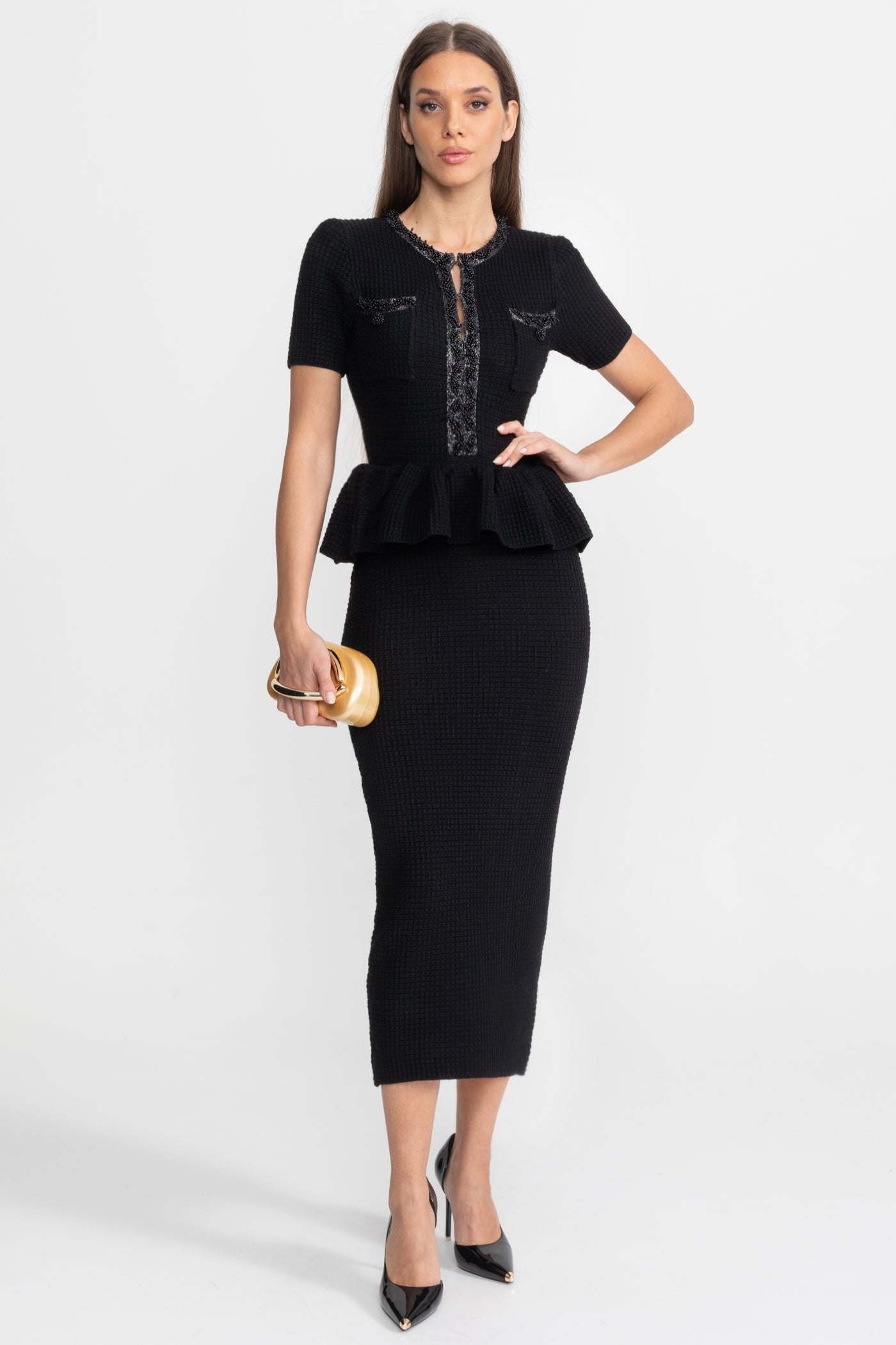 Textured Knit Midi Dress with Peplum Waist Detail  Black, M