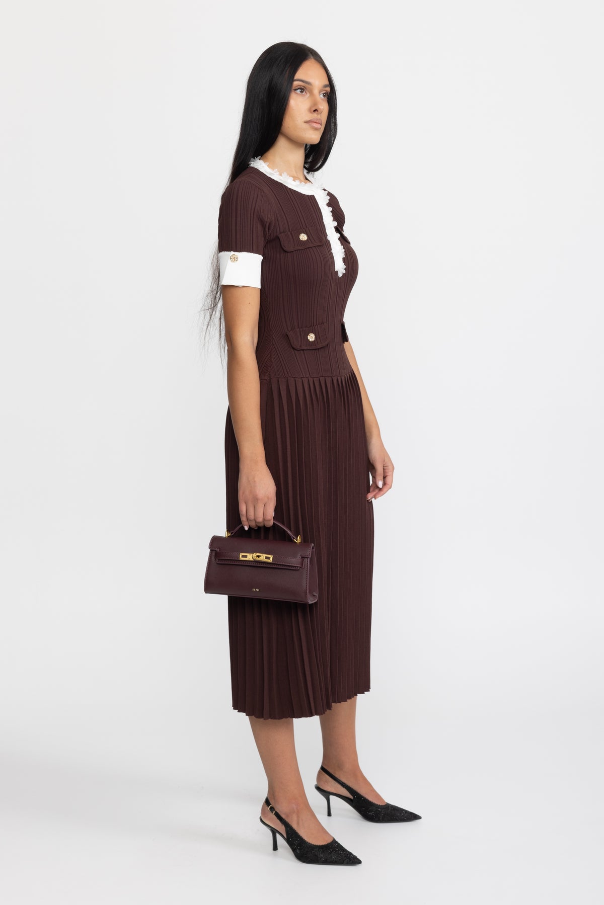 Pleated Knit Ruffle Trim Midi Dress - Chocolate