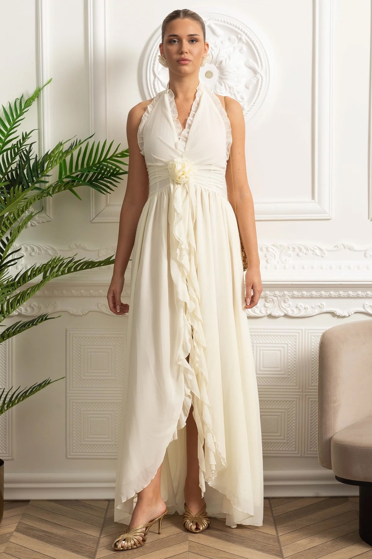 Ruffled Halter Maxi Dress with Rosette Tie Detail - Ivoire, L