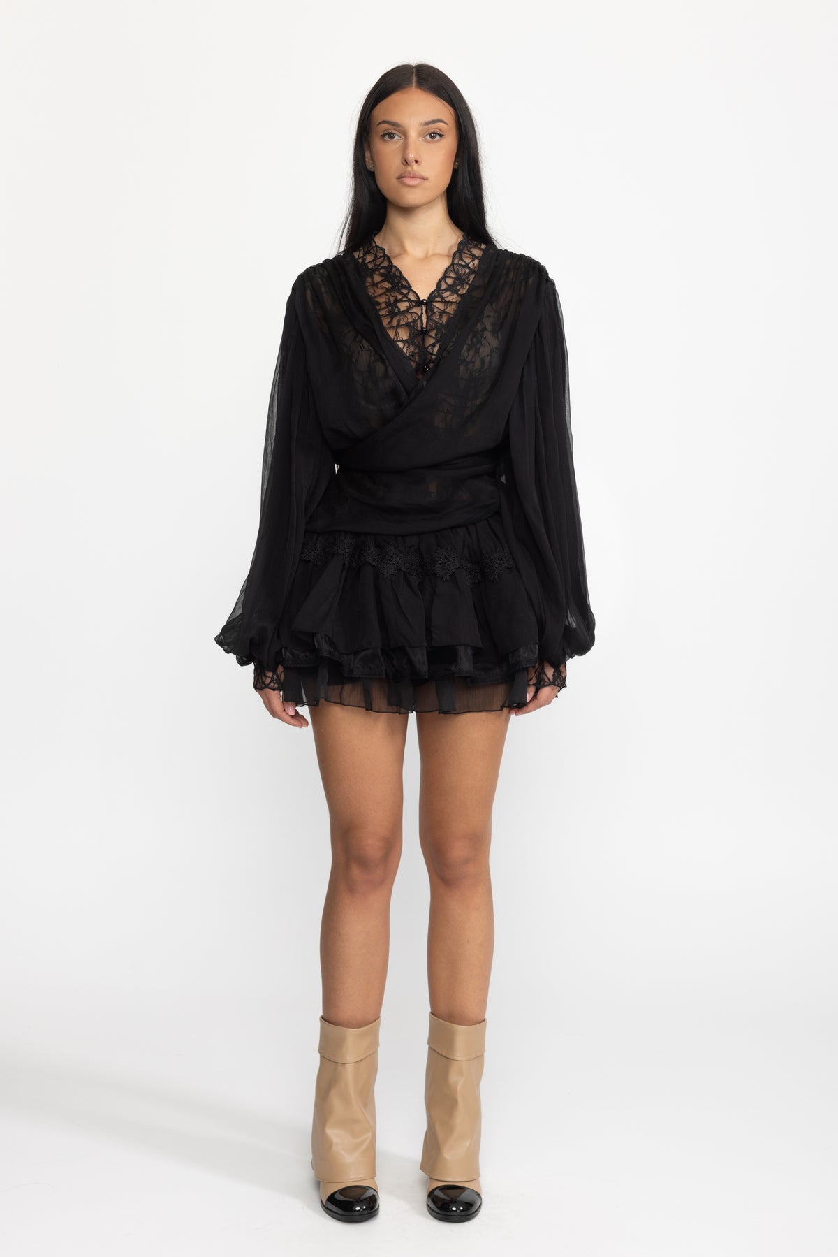 Lace Inset Chiffon Wrap Blouse and Ruffle Mini Skirt Co-ord Set - Black