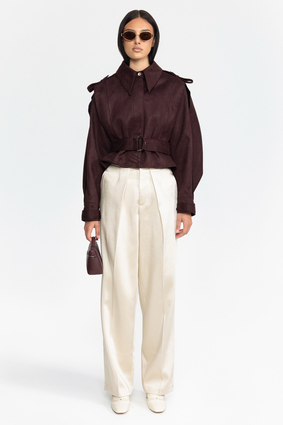 Suede Belted Cape Jacket - Burgundy