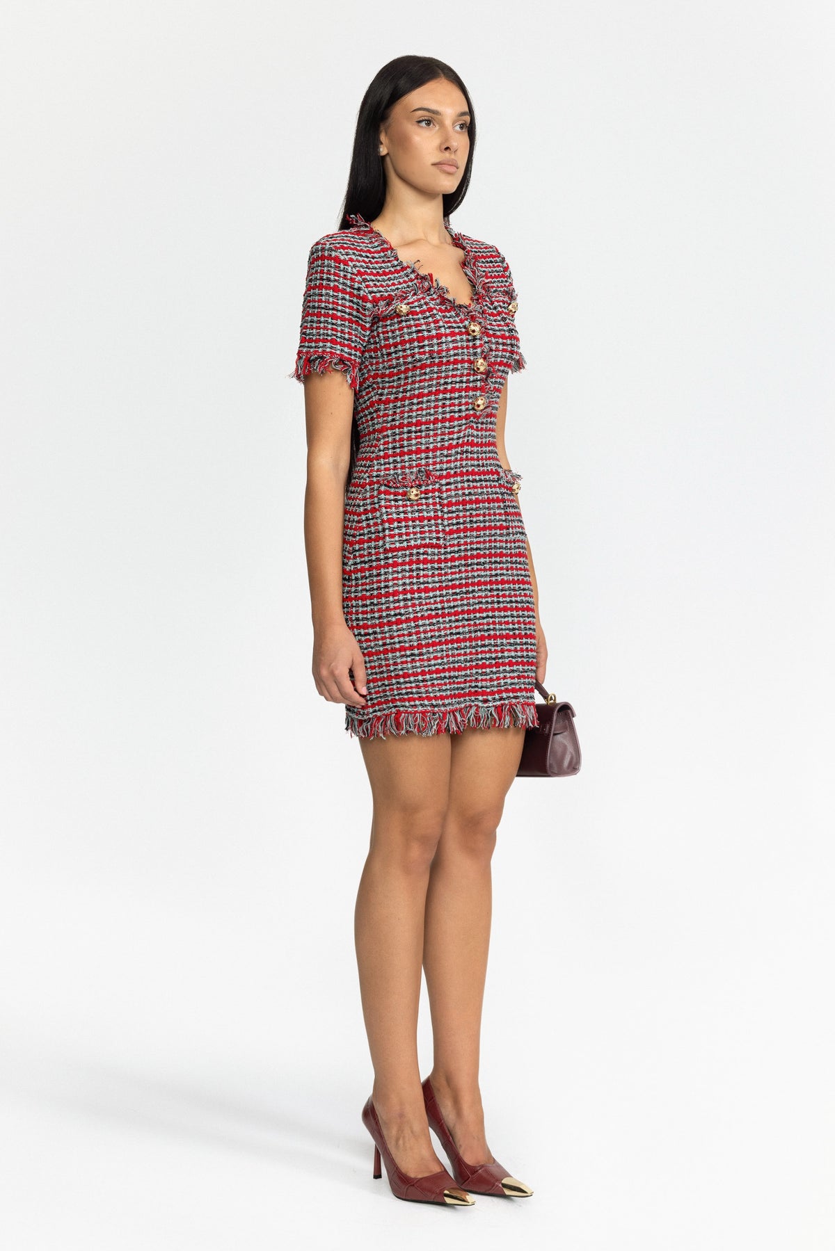 Fringed Tweed Knit Mini Dress - Red Multi