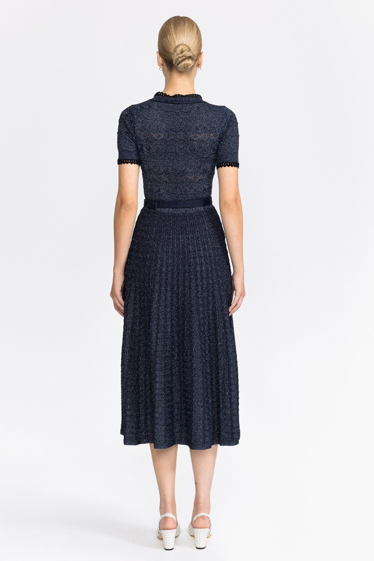 Metallic Pointelle Knit Belted Midi Dress - Navy