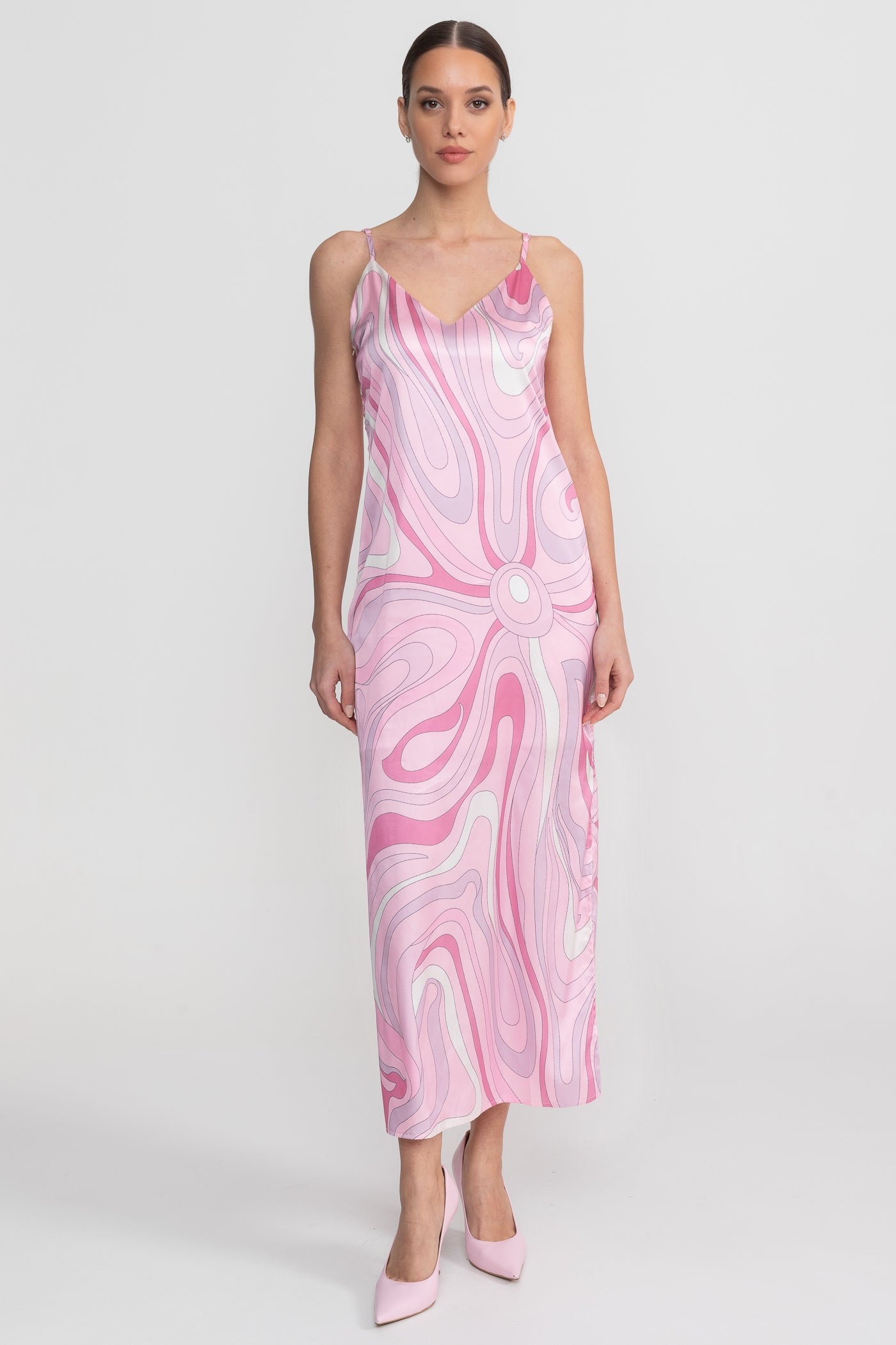 Printed Strappy Midi Dress With Abstract Swirl Pattern - Pink