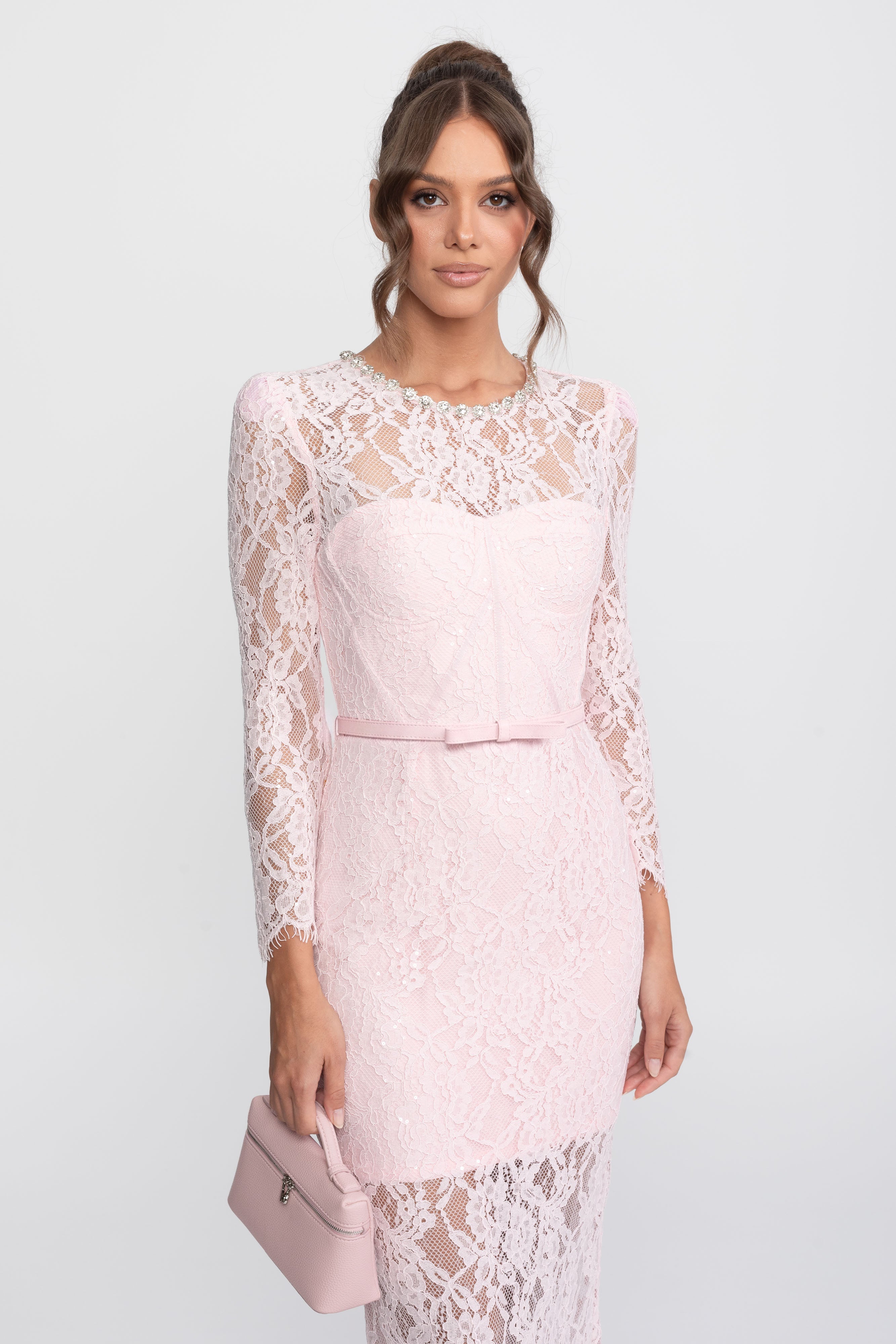 Lace Trim Midi Dress With Crystal Neckline And Matching Belt - Pink